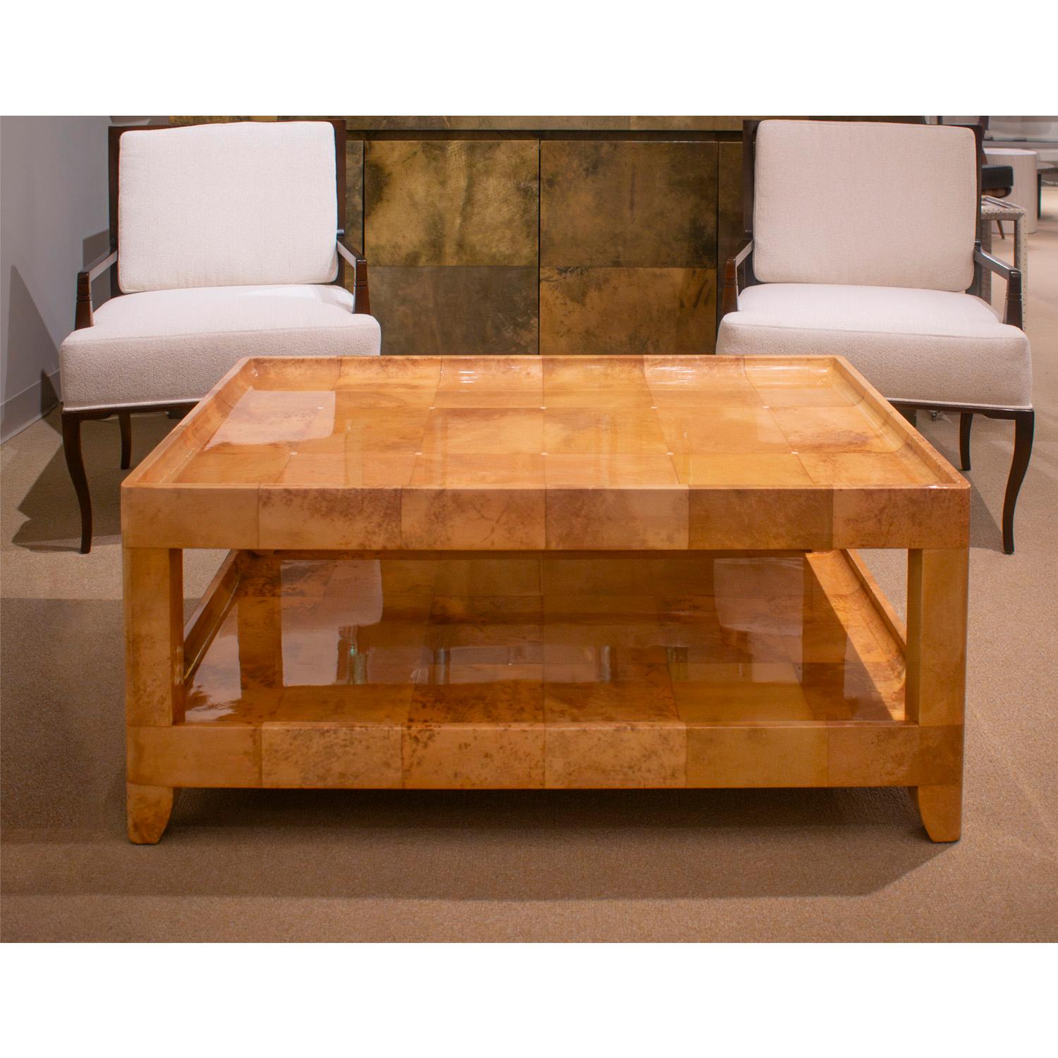 Karl Springer 2-Tier Coffee Table in Lacquered Goatskin with Bone Inlays 1980s 1