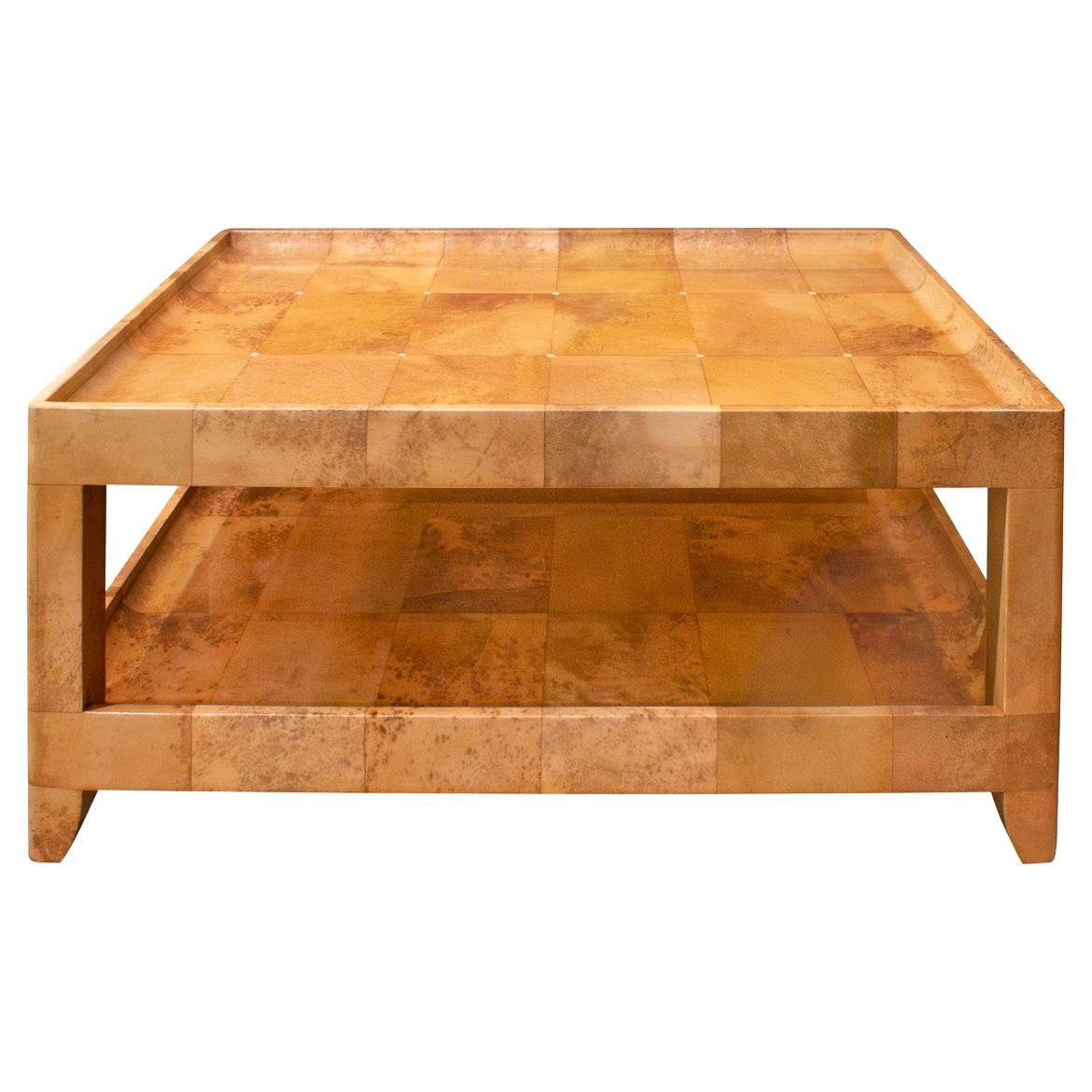 Karl Springer 2-Tier Coffee Table in Lacquered Goatskin with Bone Inlays 1980s