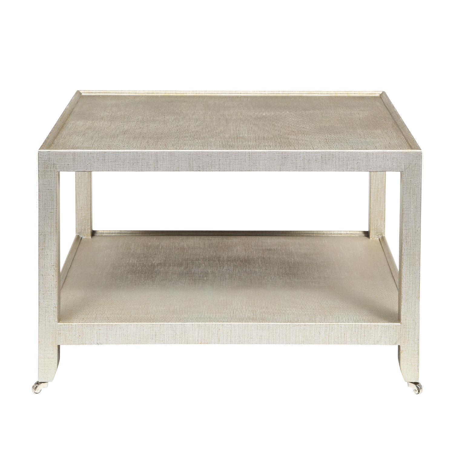 Modern Karl Springer 2-Tier Coffee Table in Platinum Lacquered Linen 1994 'Signed'