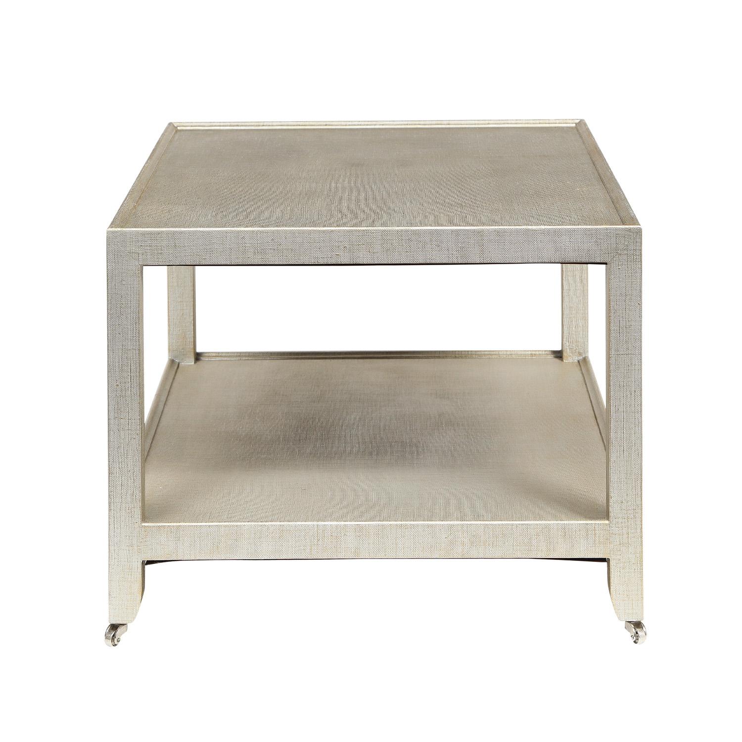 American Karl Springer 2-Tier Coffee Table in Platinum Lacquered Linen 1994 'Signed'