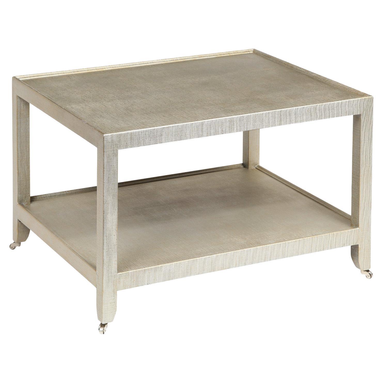 Karl Springer 2-Tier Coffee Table in Platinum Lacquered Linen 1994 'Signed'