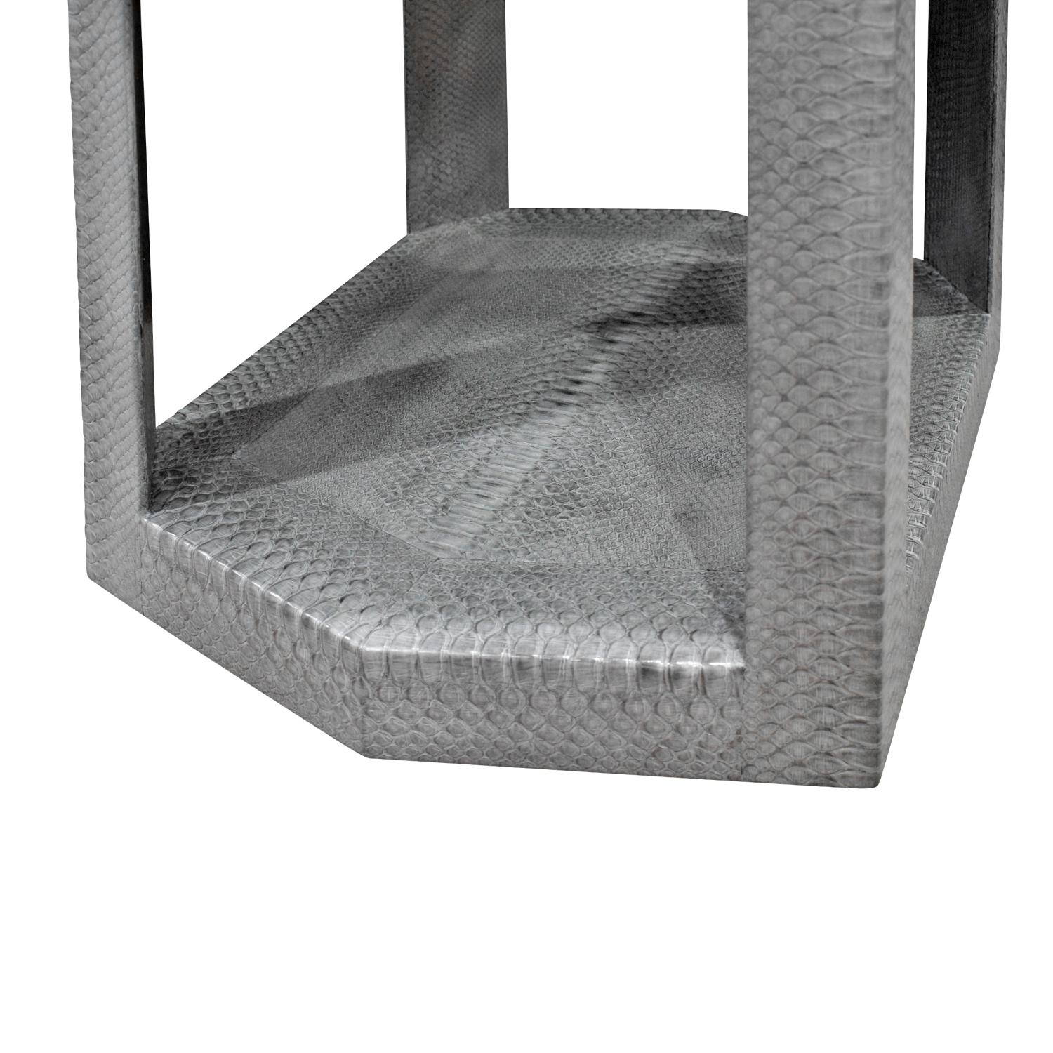 Karl Springer 2 Tier Hexagonal Side Table in Gray Cobra, 1985, 'Signed' In Excellent Condition In New York, NY