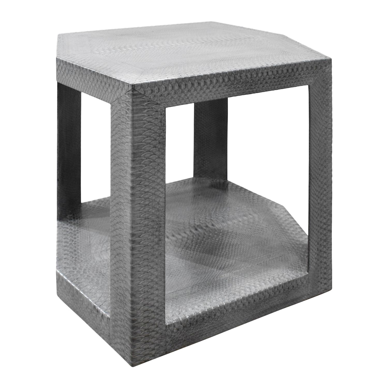 Karl Springer 2 Tier Hexagonal Side Table in Gray Cobra, 1985, 'Signed'