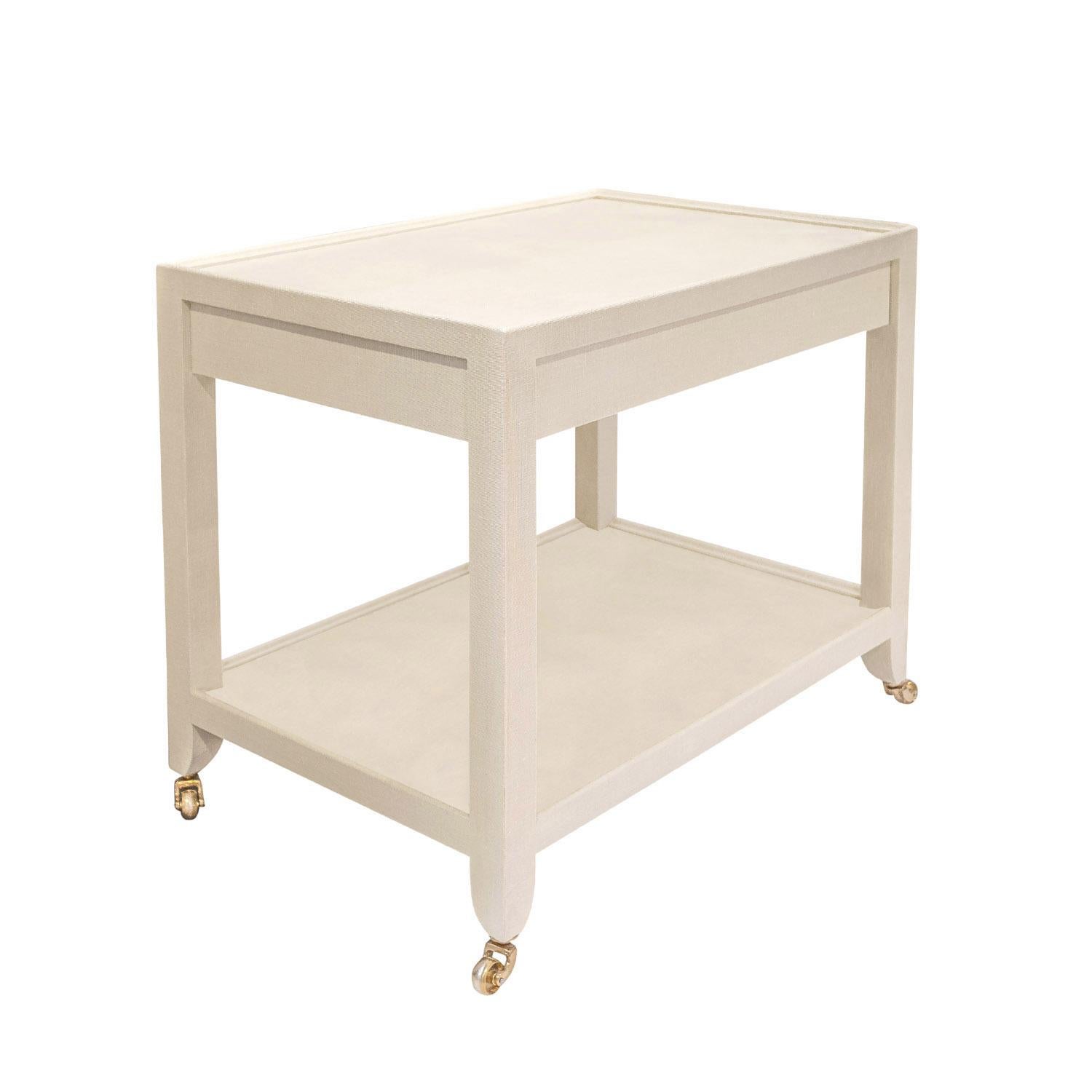 American Karl Springer 2-Tier Side Table in Lacquered Linen 2002 'Signed' For Sale