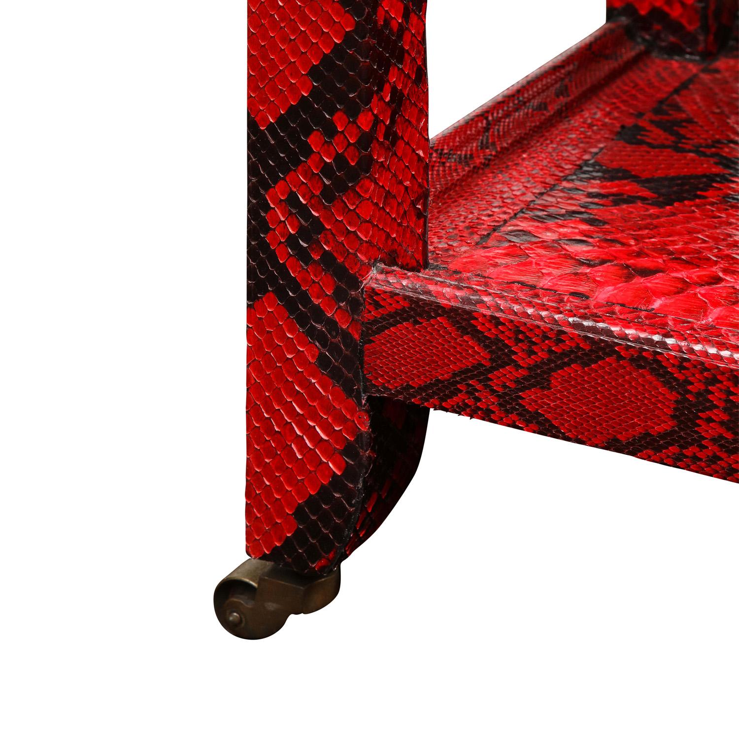 Hand-Crafted Karl Springer 2-Tier Side Table in Red Python with Horn Handles 1977, 'Signed' For Sale