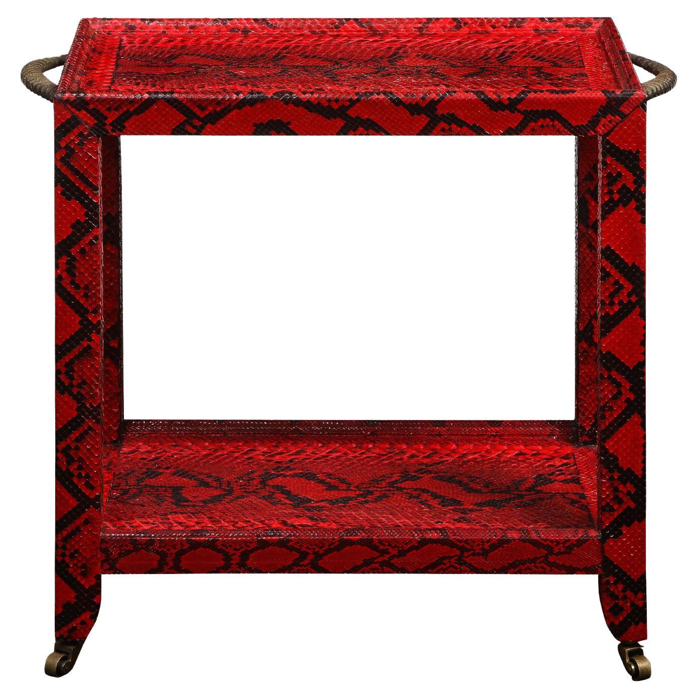 Karl Springer 2-Tier Side Table in Red Python with Horn Handles 1977, 'Signed' For Sale