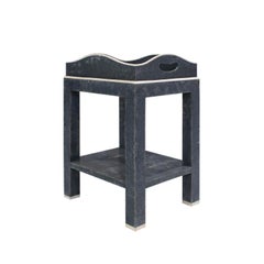 Karl Springer 2-Tier Tray Top Side Table in Blue Shagreen with Bone Inlays 1980s