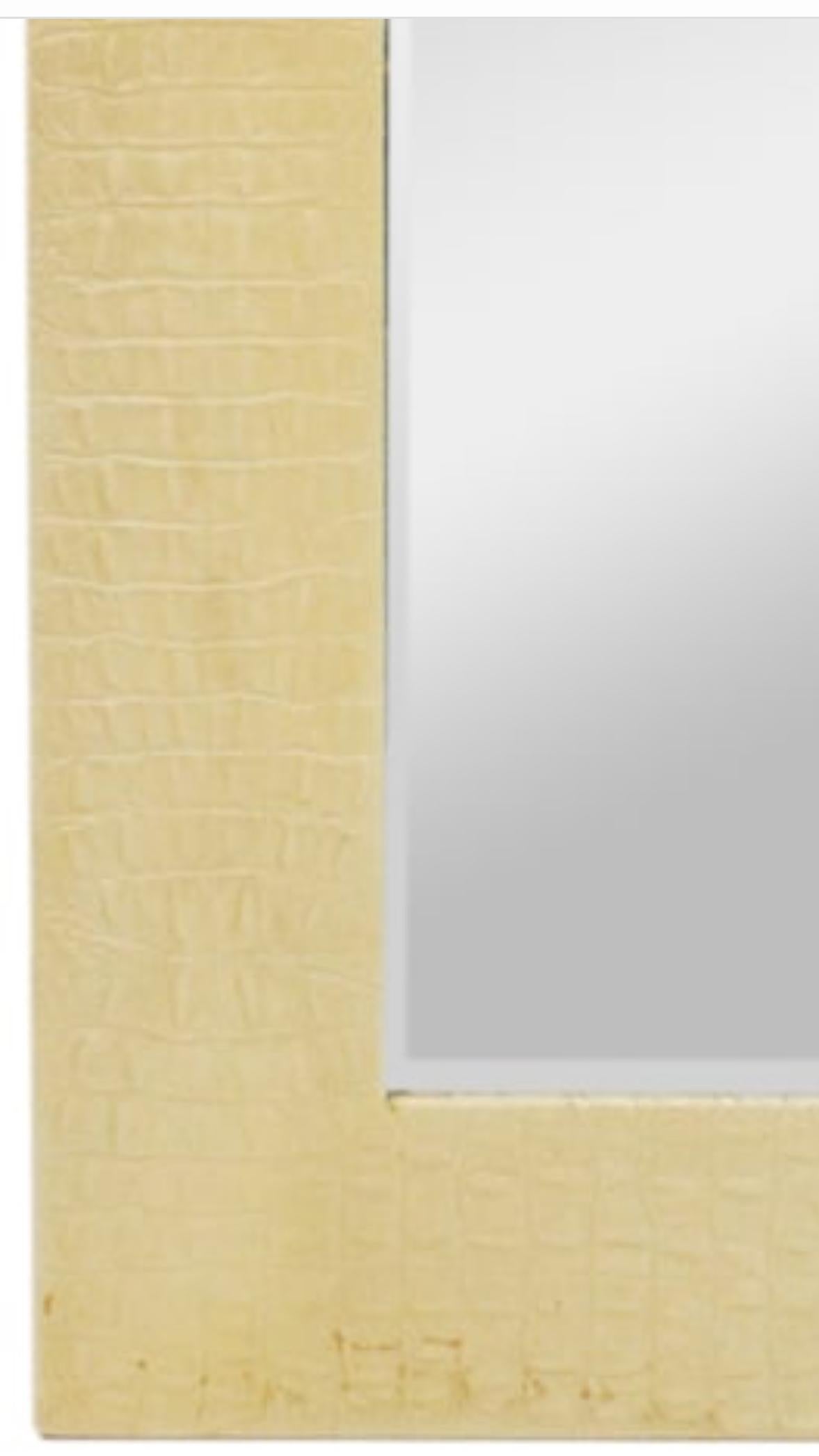 Mid-Century Modern Karl Springer, Alligator Pressed Leather Wrapped 52”h x 36”w Beveled Wall Mirror For Sale