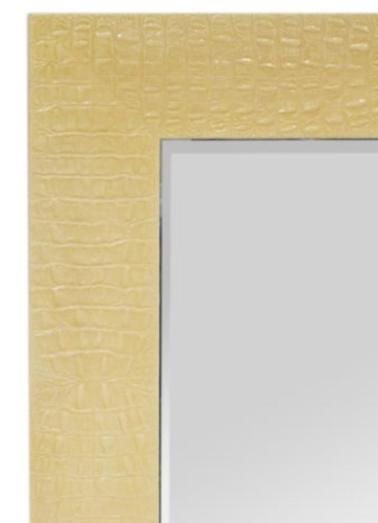Karl Springer, Alligator Pressed Leather Wrapped 52”h x 36”w Beveled Wall Mirror In Good Condition For Sale In Chicago, IL