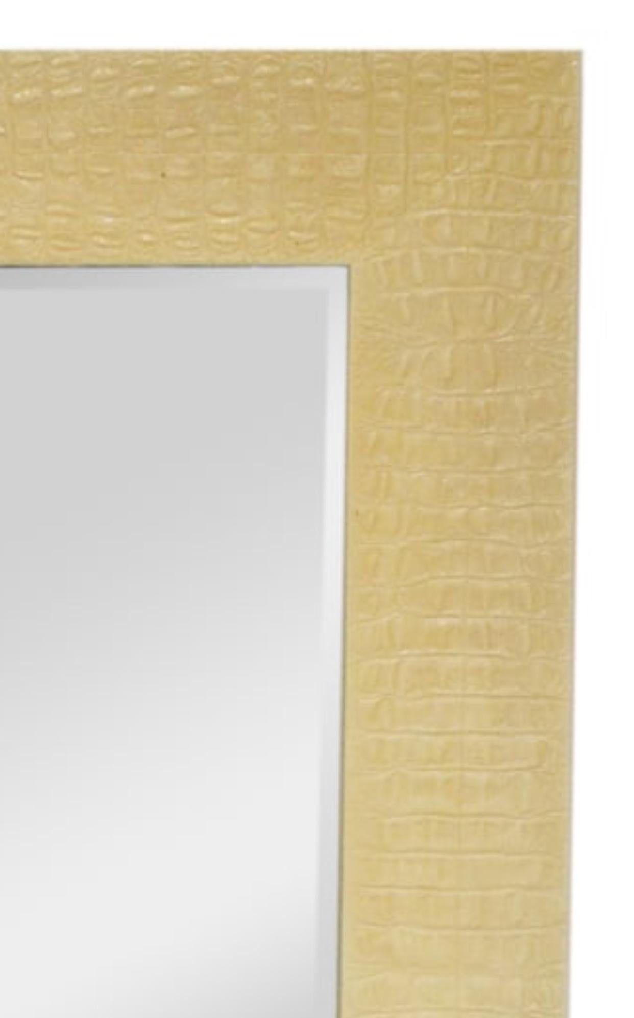 Late 20th Century Karl Springer, Alligator Pressed Leather Wrapped 52”h x 36”w Beveled Wall Mirror For Sale
