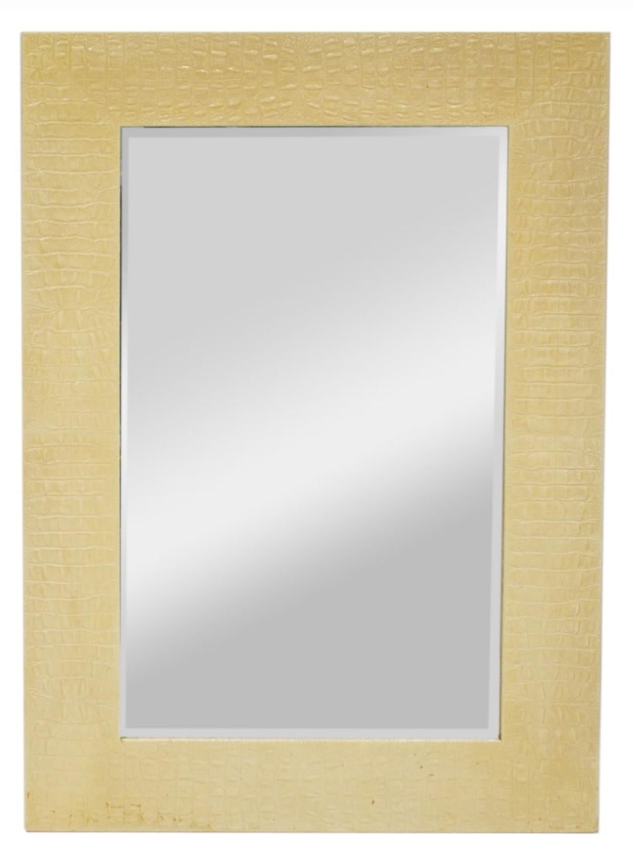 Karl Springer, Alligator Pressed Leather Wrapped 52”h x 36”w Beveled Wall Mirror For Sale 1