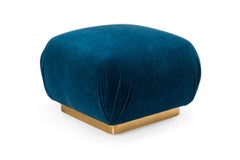 Pouf américain du milieu du siècle en velours bleu et acier Souffle de Karl Springer