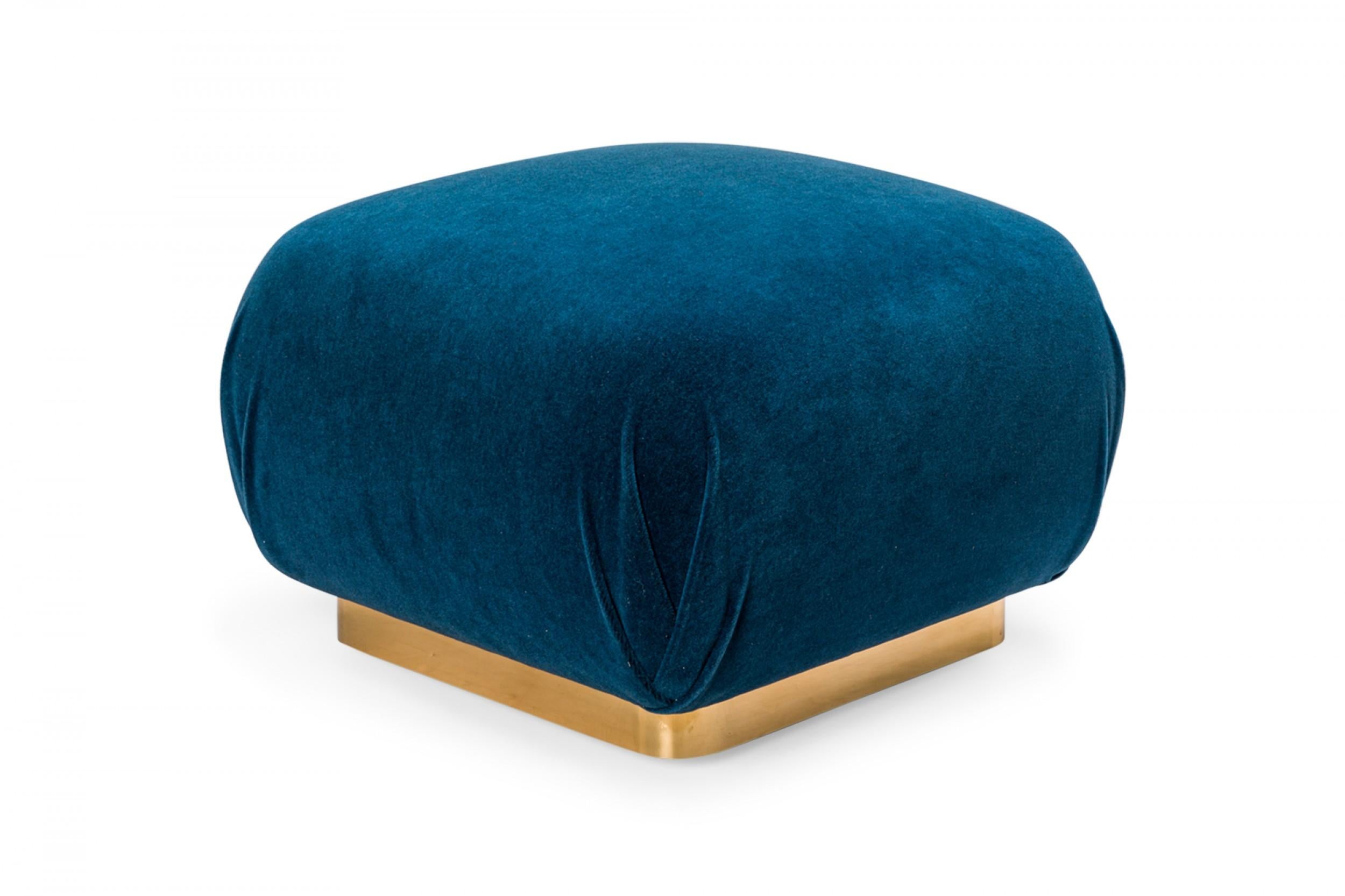 Karl Springer American Mid-Century Blue Velvet and Steel Souffle Ottoman In Good Condition For Sale In New York, NY