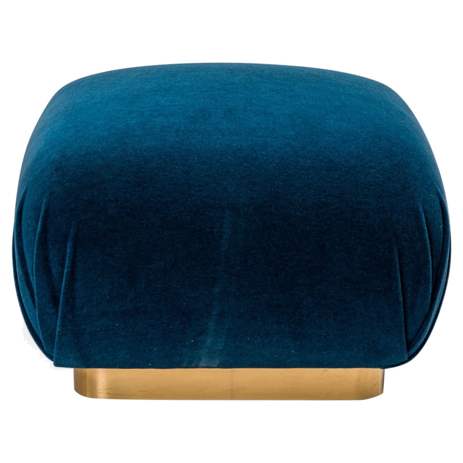 Pouf in acciaio e velluto blu di metà secolo di Karl Springer