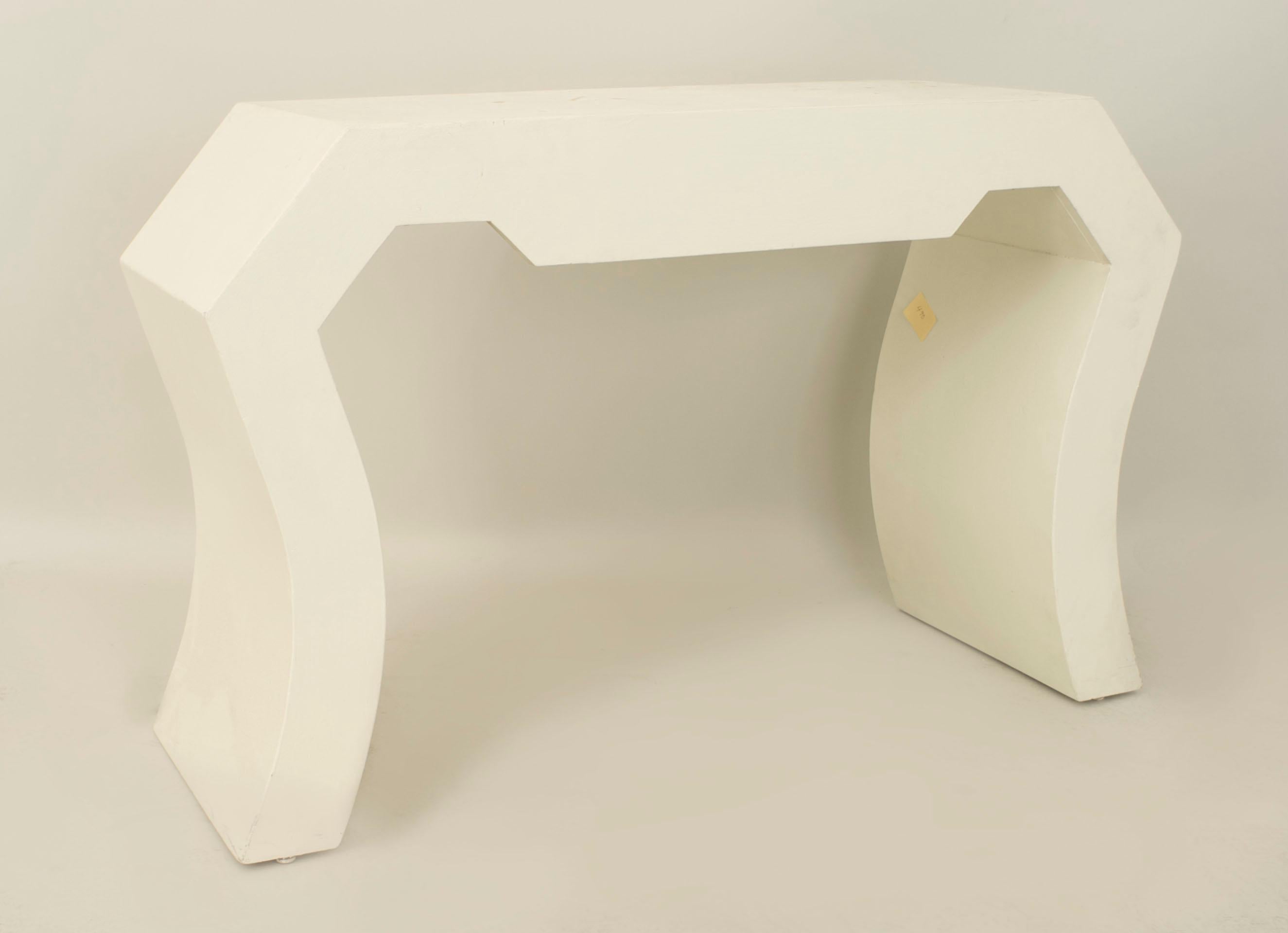 American Mid-Century white painted console table with a geometric shape with concave sides (Attributed to KARL SPRINGER)