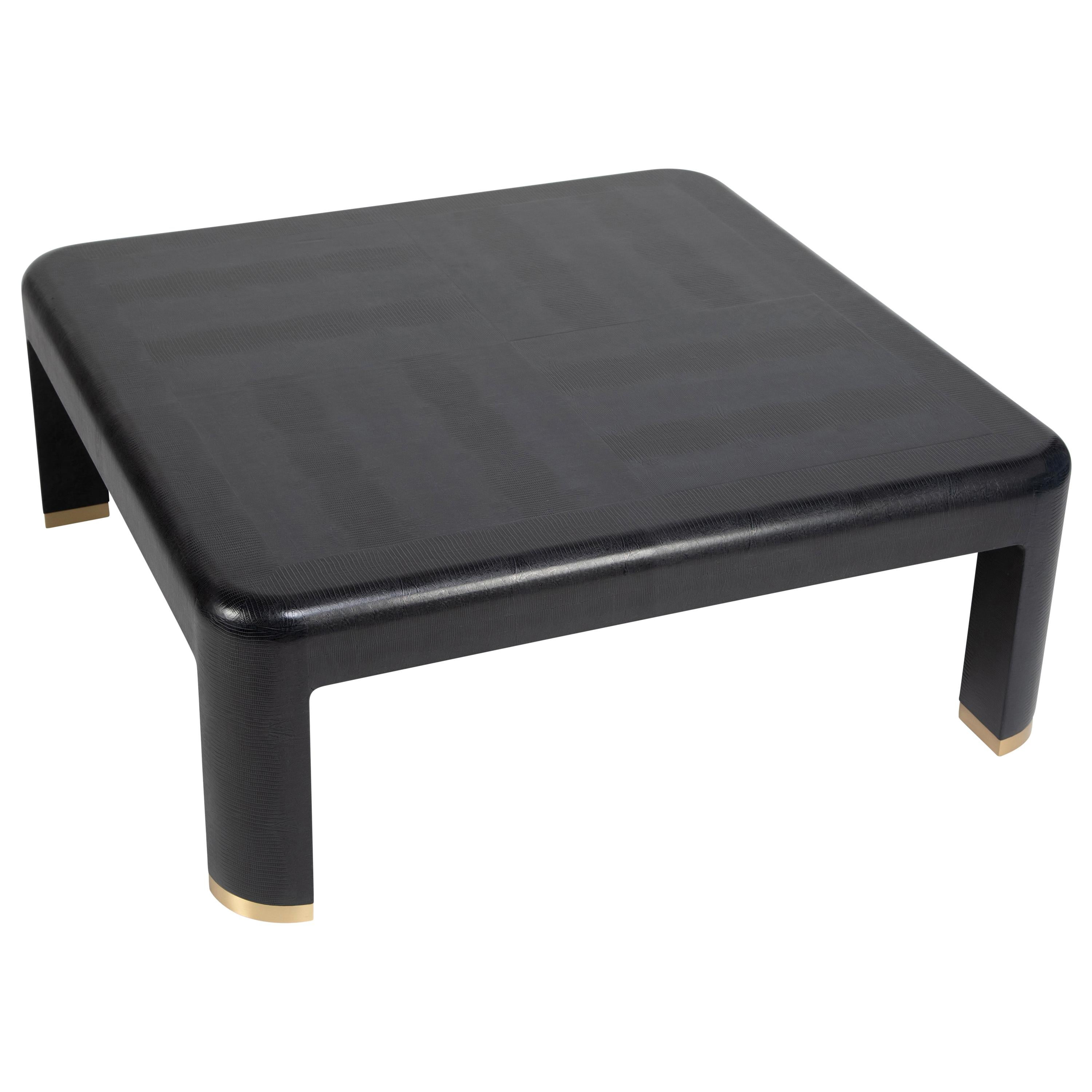 Karl Springer "Angular Leg" Coffee Table in Lizard-Embossed Leather, 1985 For Sale