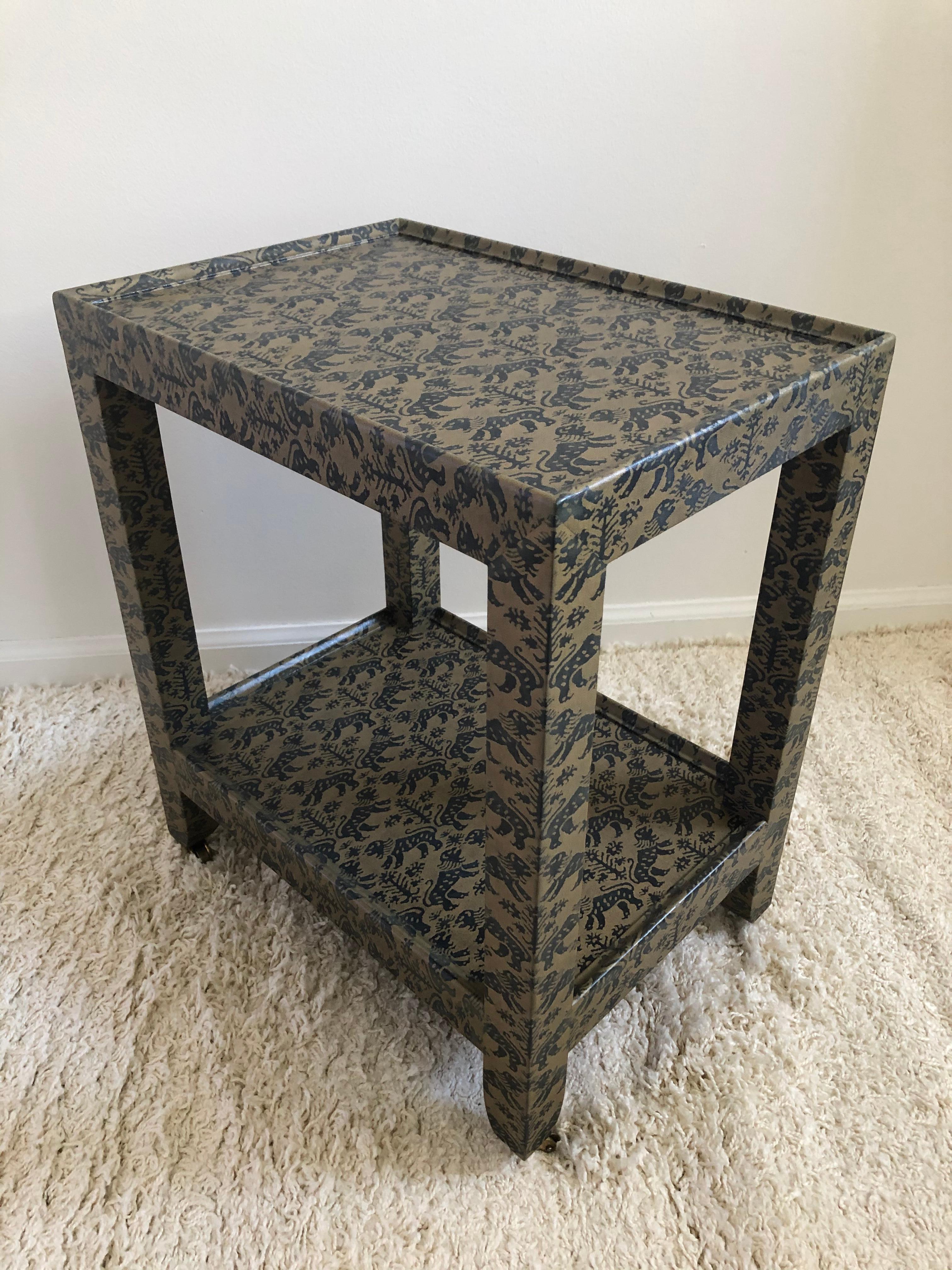 Karl Springer Animal Print Foo Dog Petite Rolling Two-Tier Table In Good Condition For Sale In Westport, CT