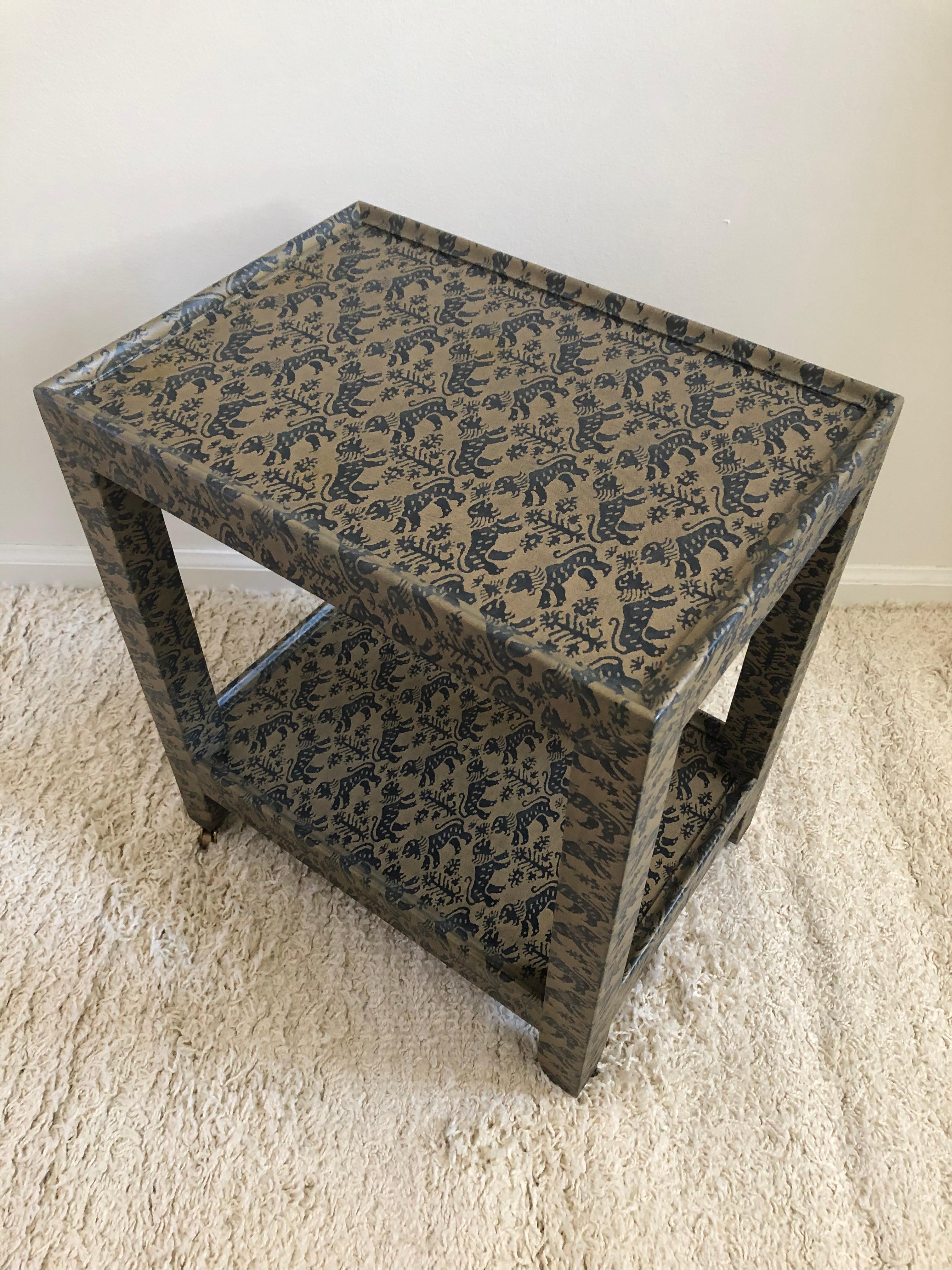 20th Century Karl Springer Animal Print Foo Dog Petite Rolling Two-Tier Table For Sale