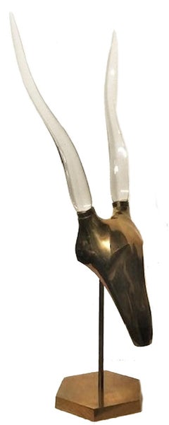 Karl Springer, Antelopes Head, Vintage Murano Glass & Brass Sculpture, ca. 1970s