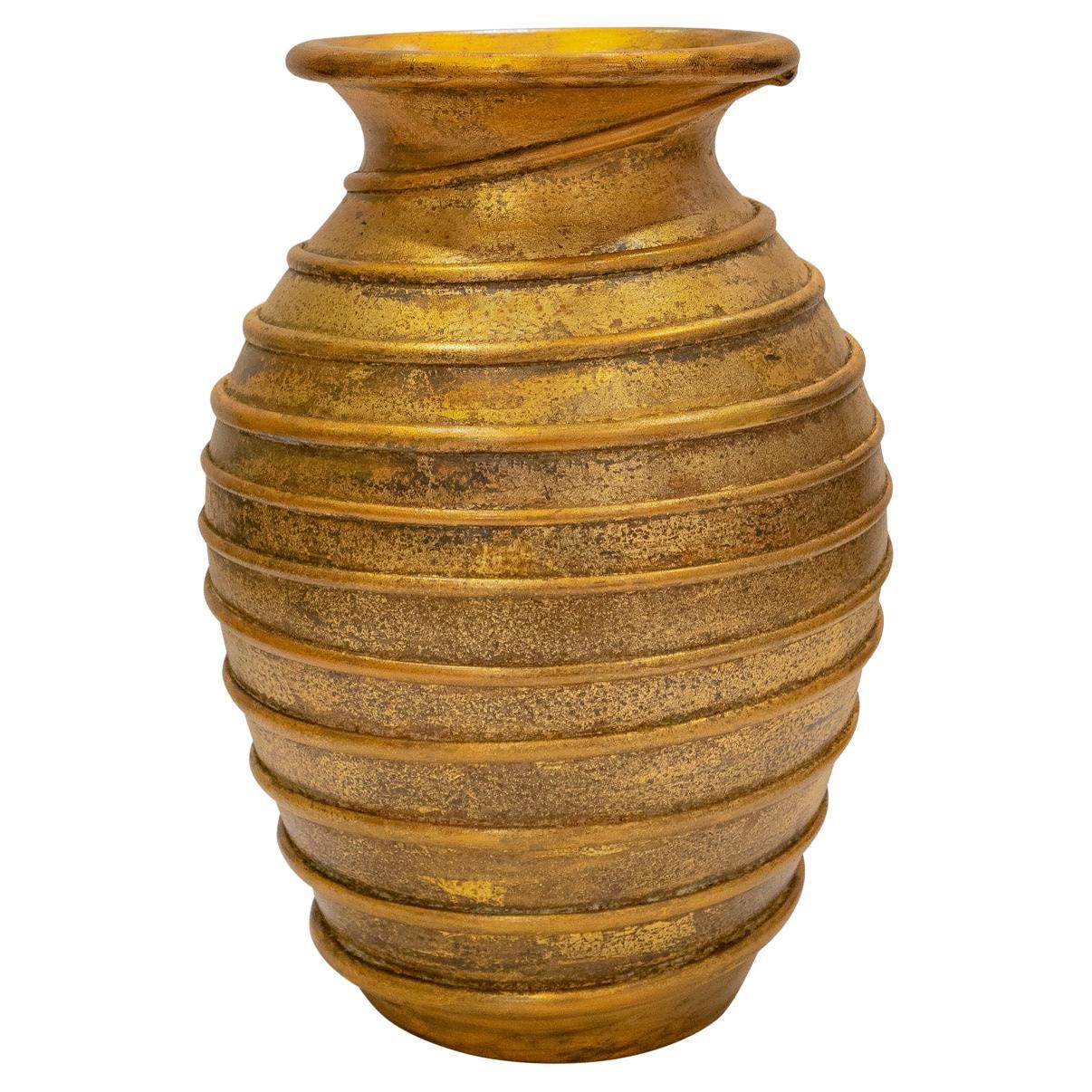 Karl Springer Artisan Hand-Blown Glass Vase with Antiqued Gold Leaf 1980s For Sale