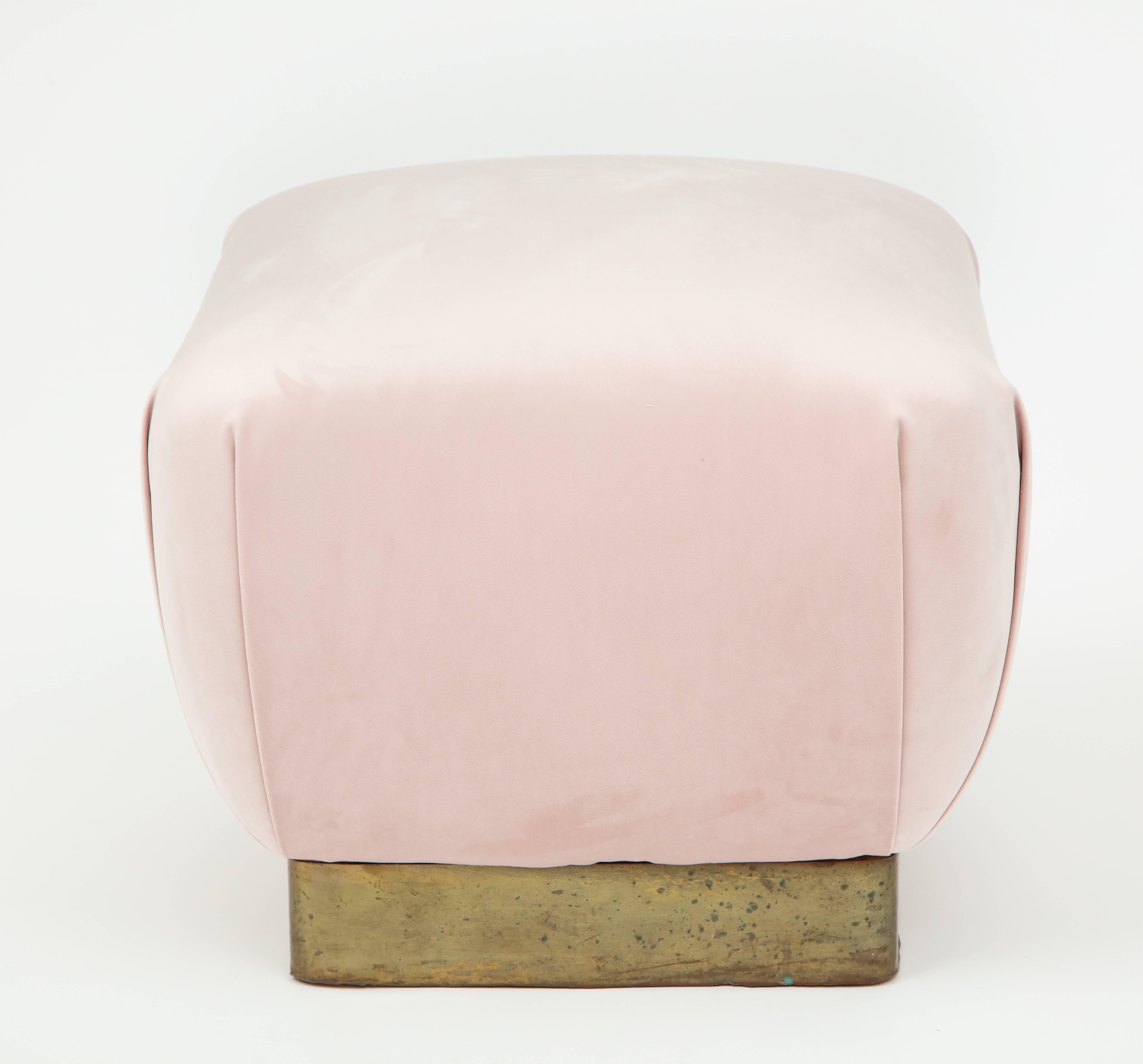 Mid-Century Modern Pair of Brass and Pink Pouf's Ottoman's, 1970s For Sale