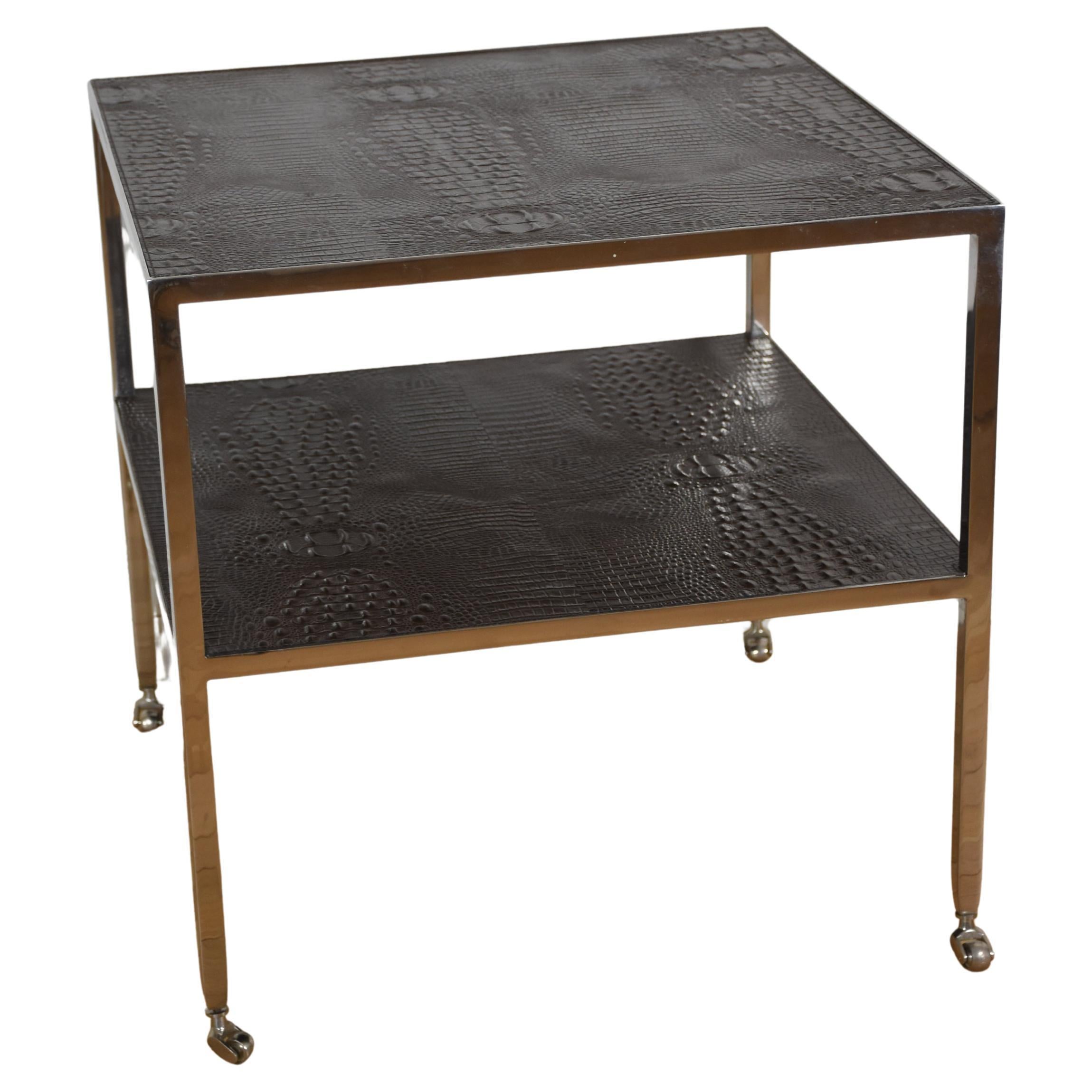 Karl Springer Attributed Chrome 2-Tier Stand with Alligator-Embossed Leather For Sale