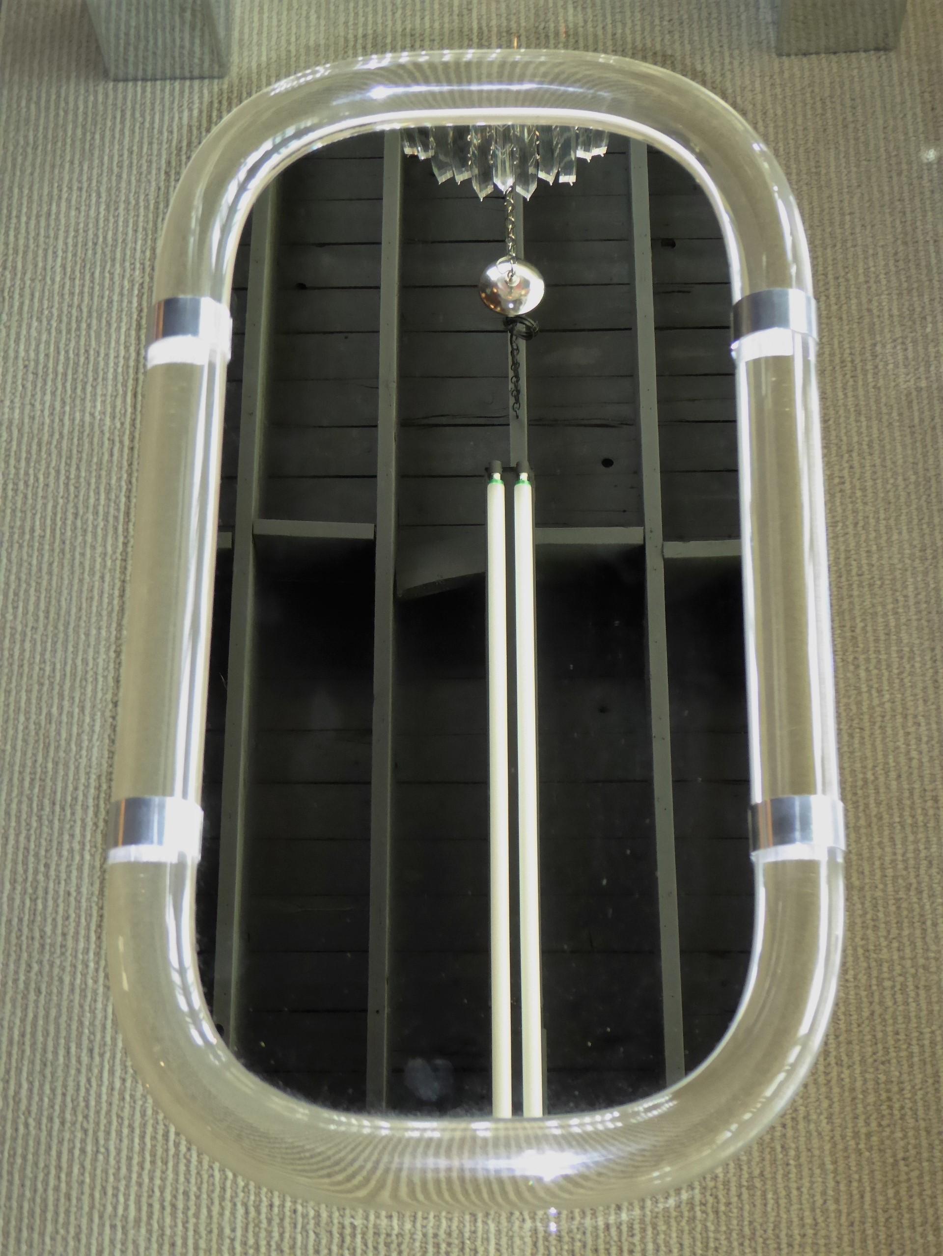 Modern Karl Springer Attributed Floating Lucite Mirror, 1970s.
