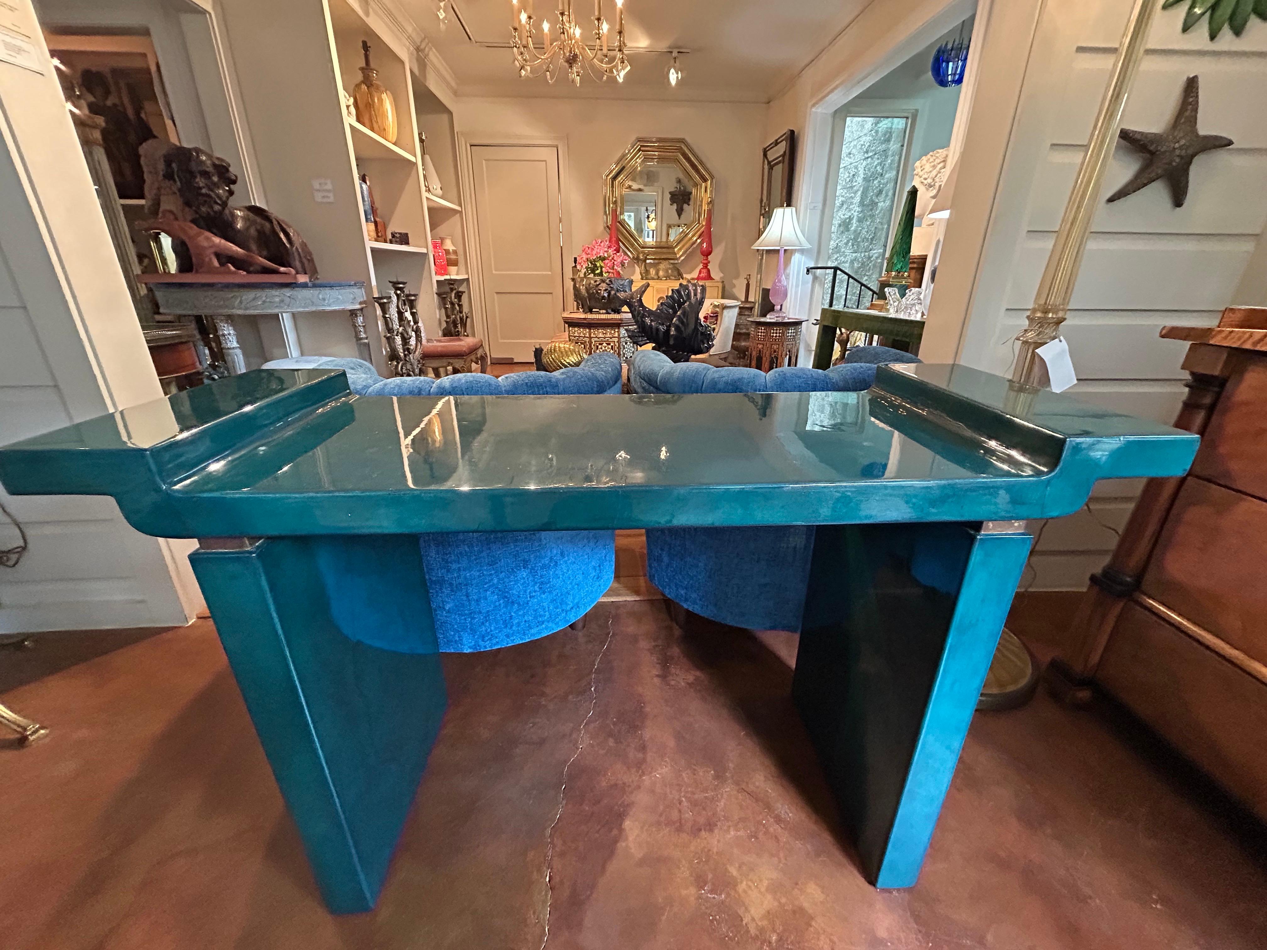 Karl Springer Attributed Lacquered Goatskin Console Table In Good Condition For Sale In Houston, TX