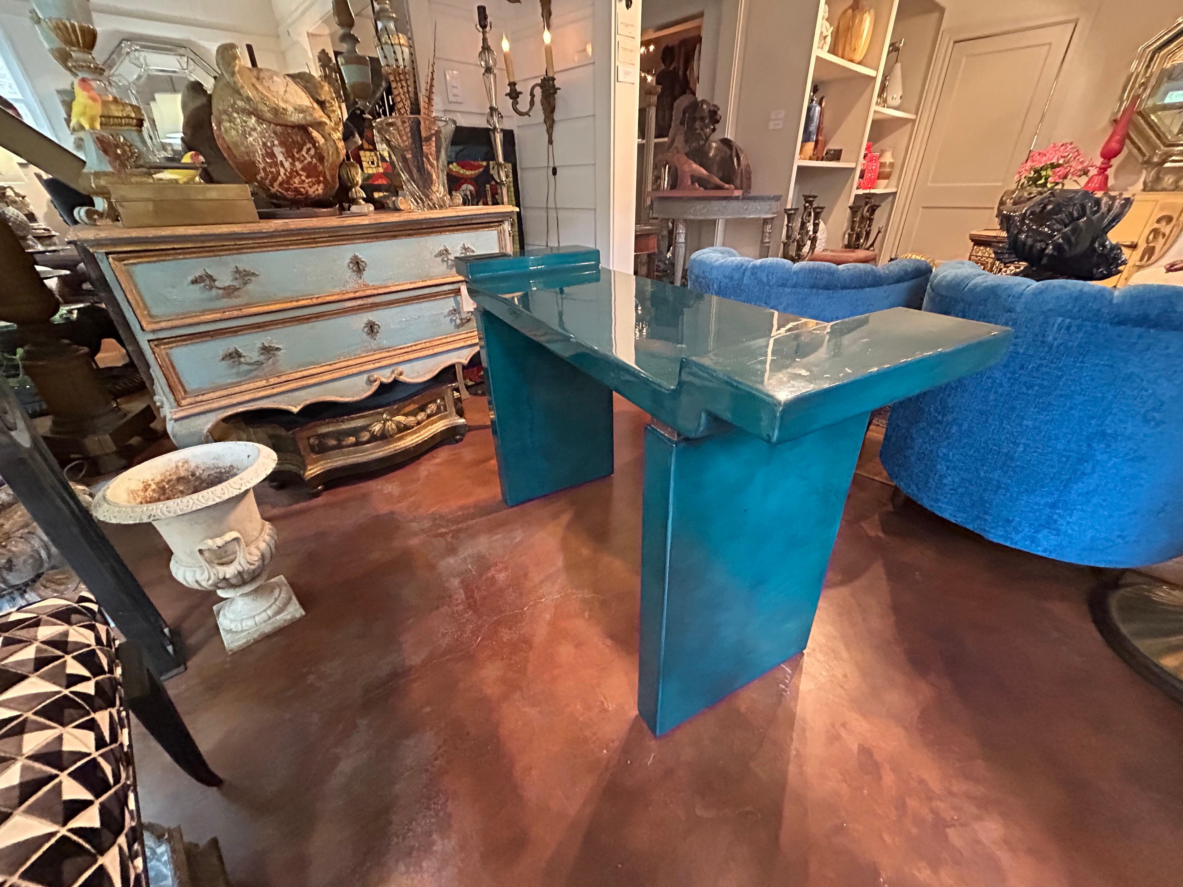 Karl Springer Attributed Lacquered Goatskin Console Table For Sale 3
