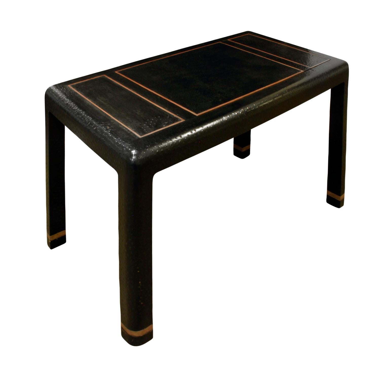 Mid-Century Modern Karl Springer Backgammon Table with Folding Chairs in Ostrich, 1970s, 'Signed'