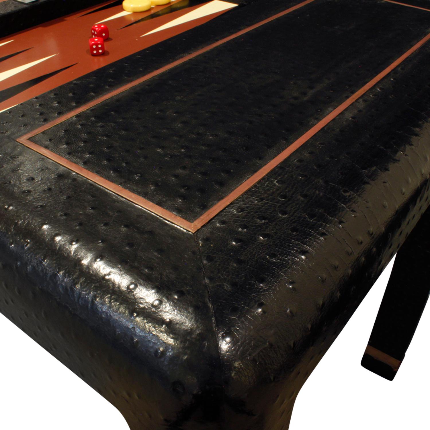 Metal Karl Springer Backgammon Table with Folding Chairs in Ostrich, 1970s, 'Signed'