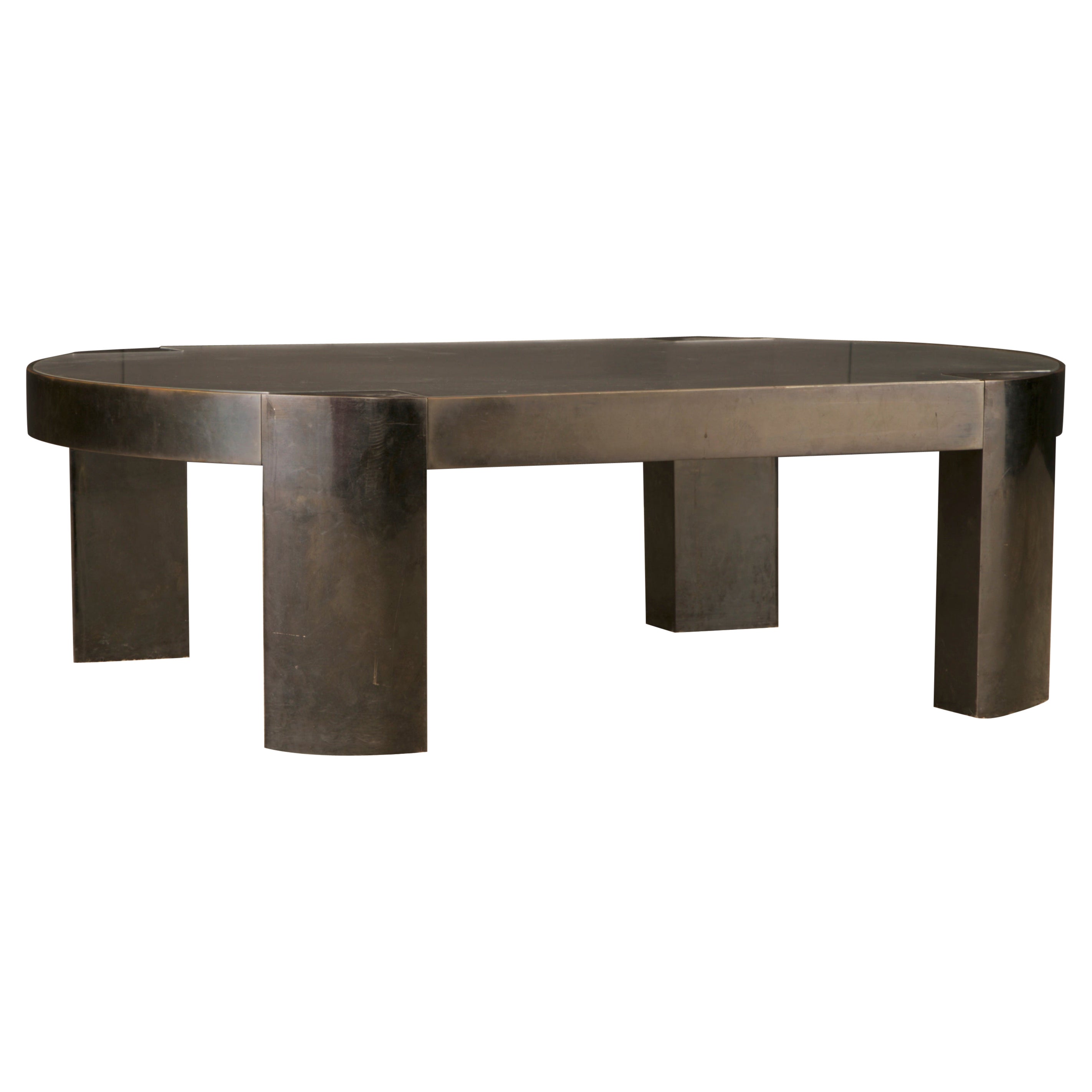 Mesa baja 'Banker' de Karl Springer en bronce patinado y lucita, años 70 en venta