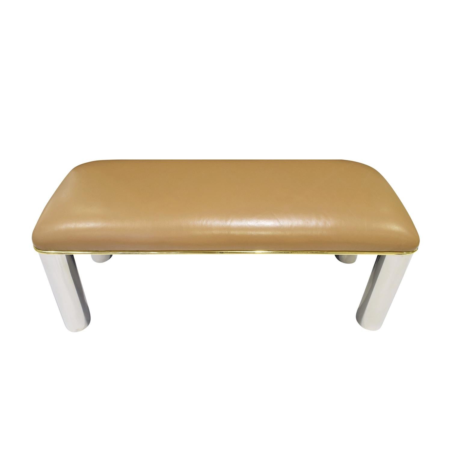 Mid-Century Modern Karl Springer Bench in Polished Stainless Steel and Brass, 1980s