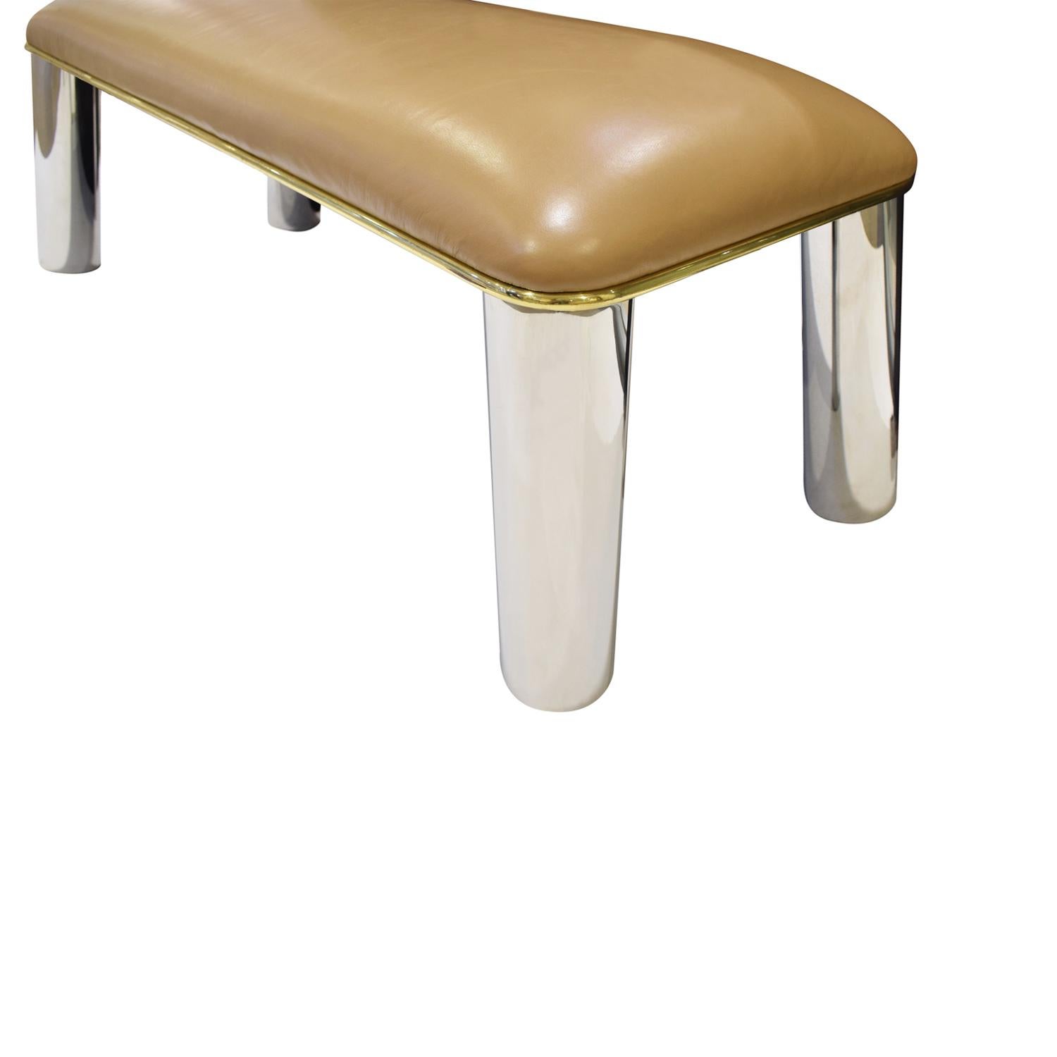 American Karl Springer Bench in Polished Stainless Steel and Brass, 1980s