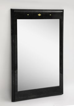 Karl Springer Style Black Goat Skin Wall Mirror with Gold Leaf Accents