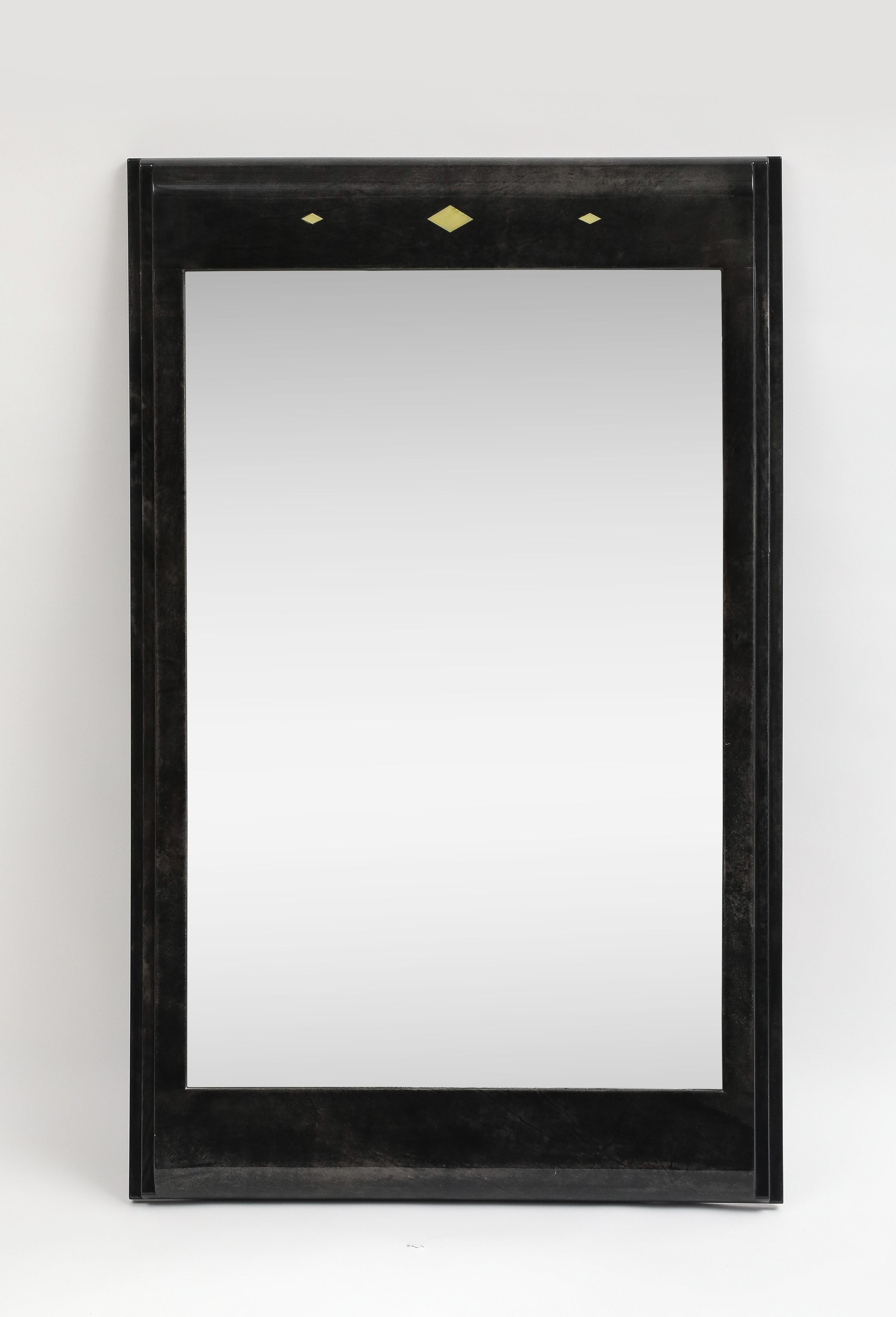 Karl Springer Style Black Goat Skin Wall Mirror with Gold Leaf Accents For Sale