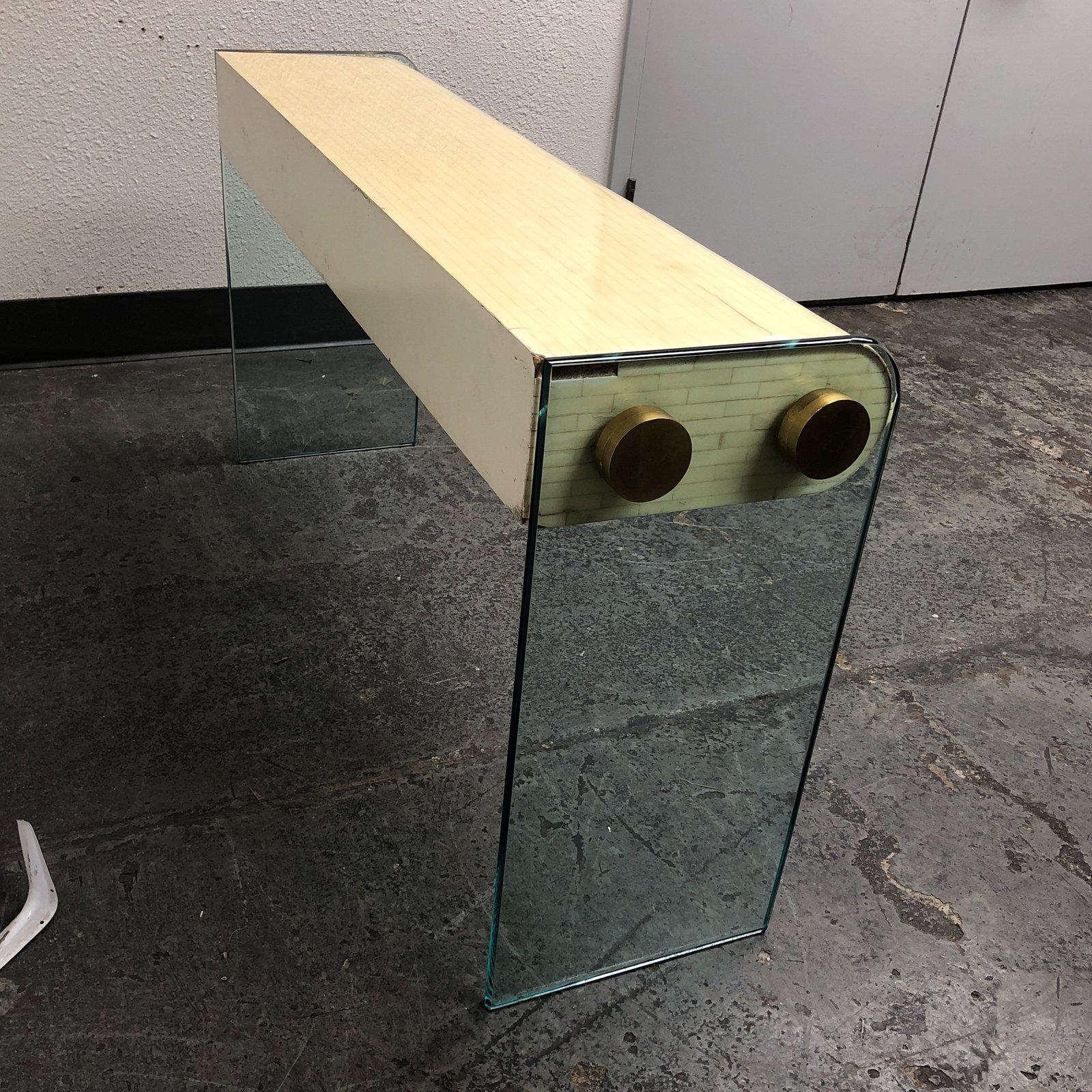 Karl Springer Bone Inlay and Glass Console In Good Condition For Sale In San Francisco, CA