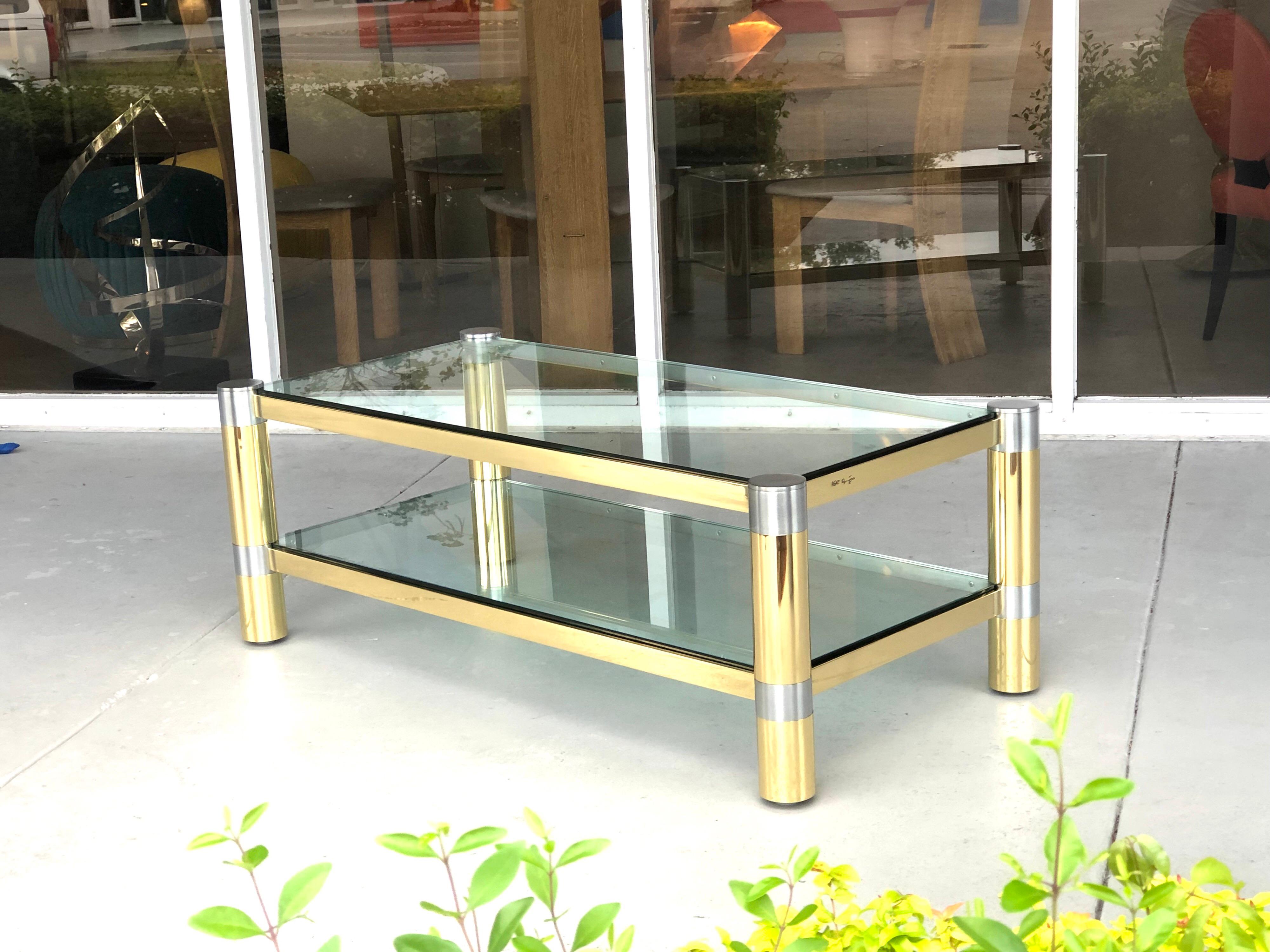 American Karl Springer Brass and Brushed Steel Coffee Table, 1970s