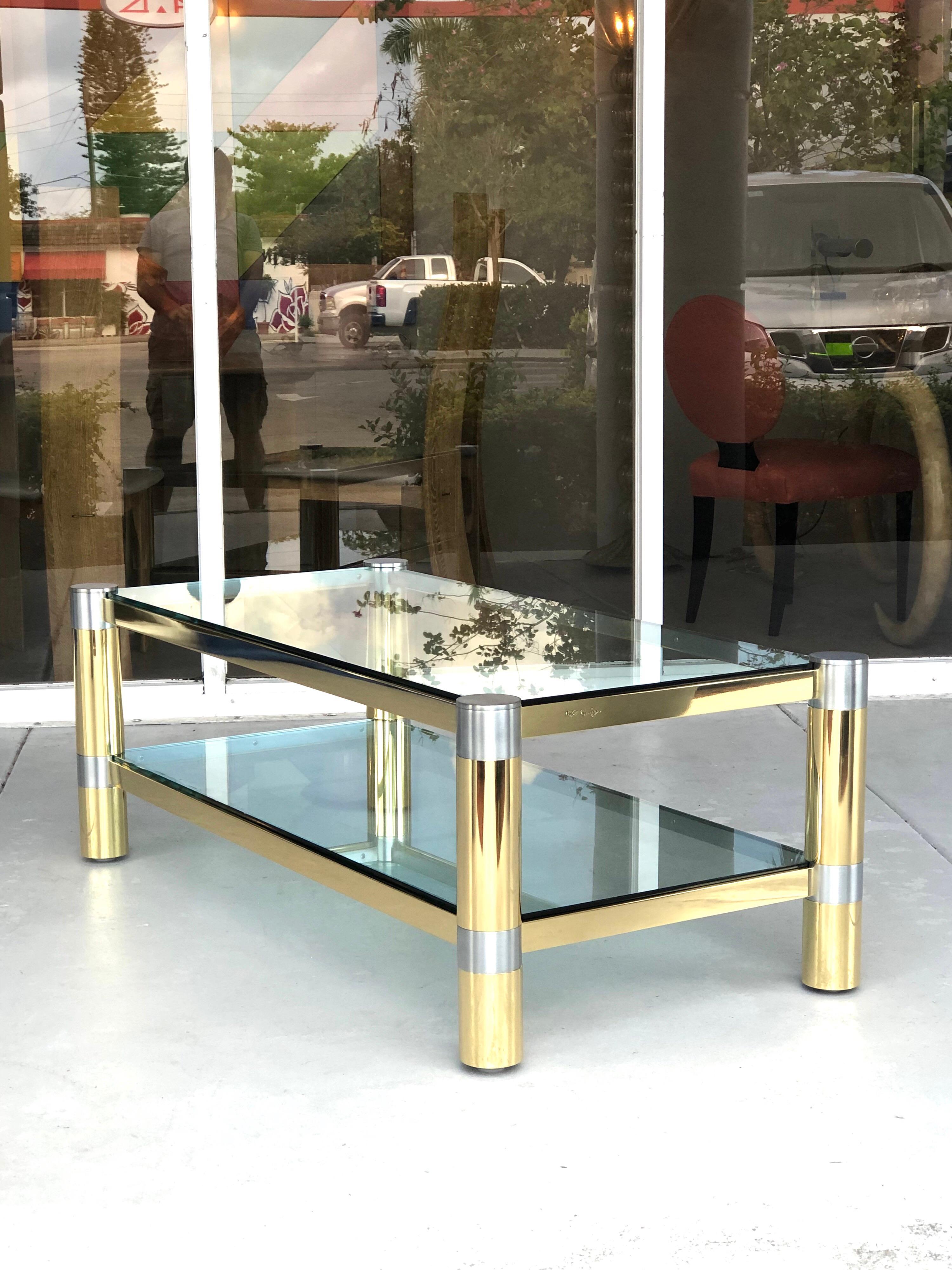 Karl Springer Brass and Brushed Steel Coffee Table, 1970s In Good Condition In Miami, FL