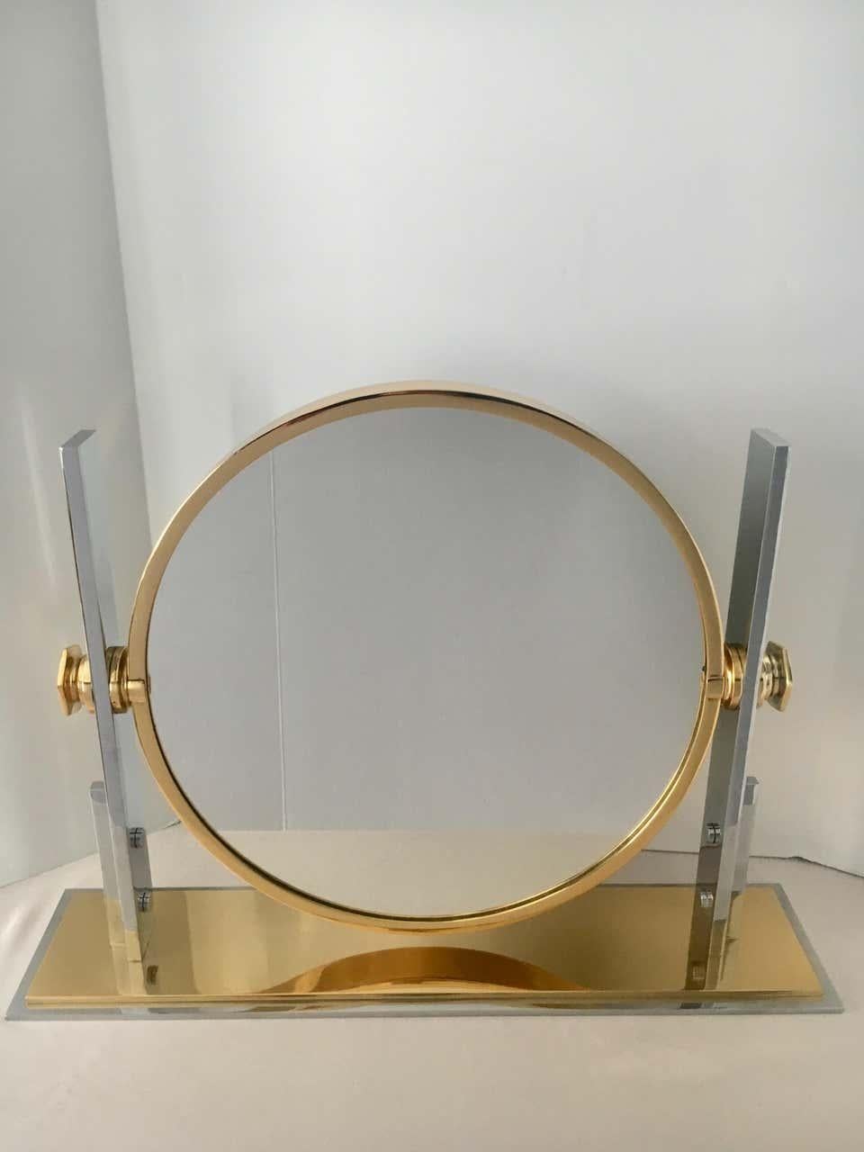 Polished Karl Springer Brass and Chrome Table Mirror