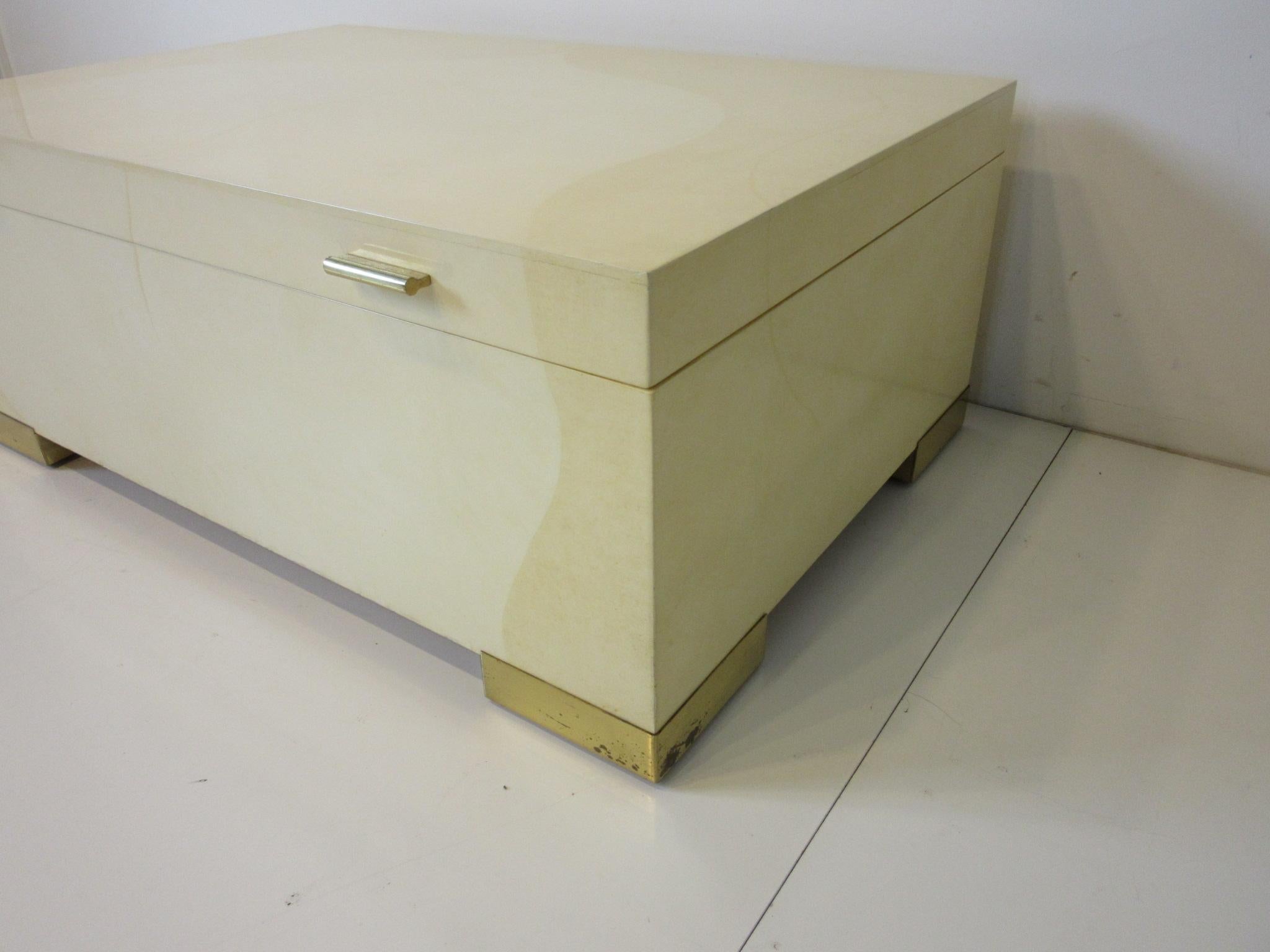 20th Century Karl Springer Brass and Goatskin Coffee Table with Storage