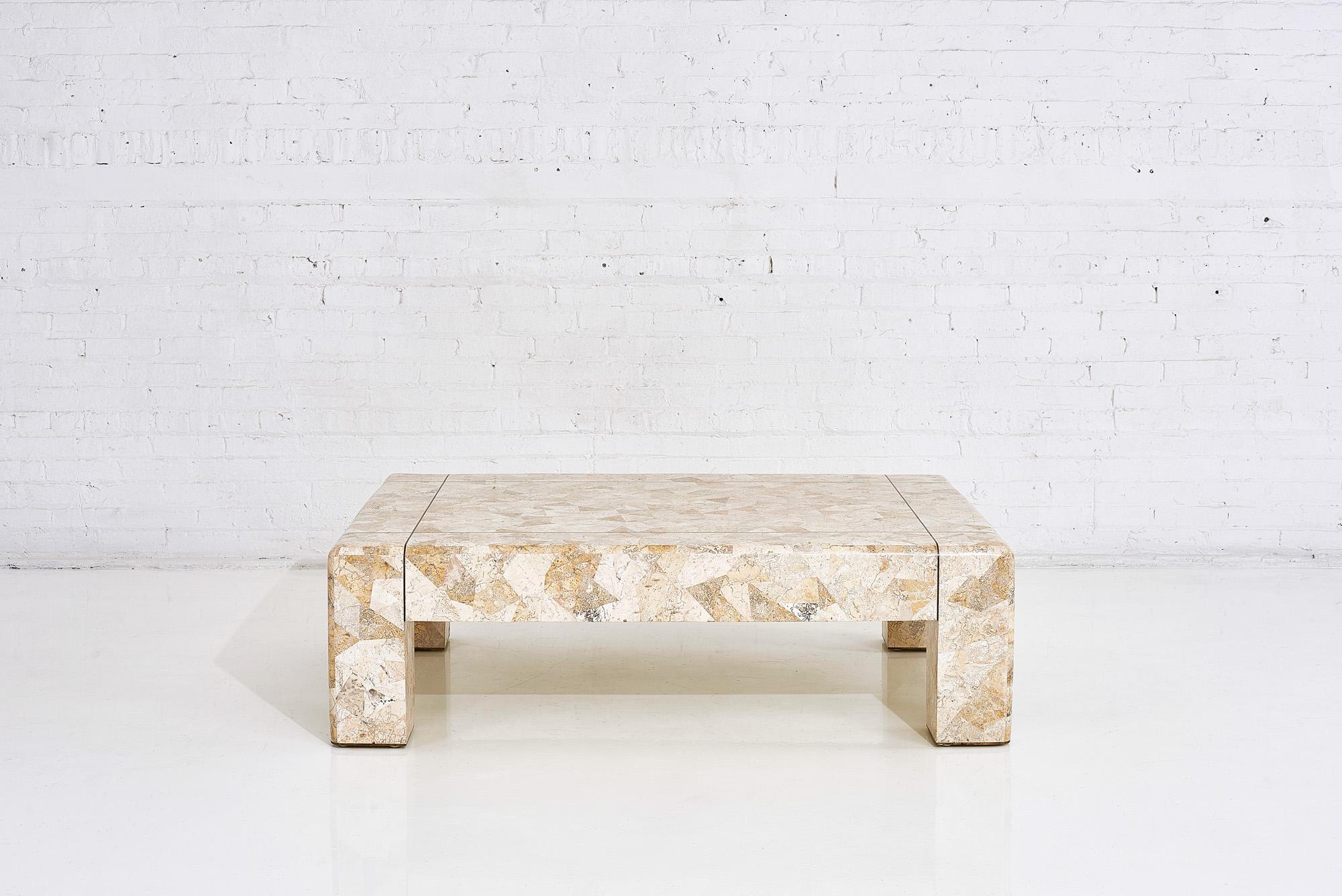 Mid-Century Modern Karl Springer Brass and Tessellated Travertine Coffee Table, 1970