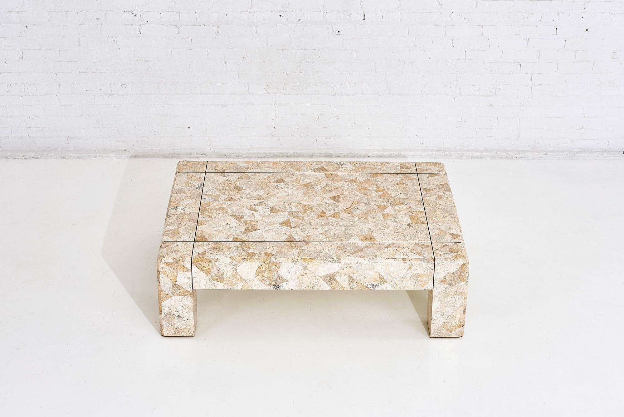 American Karl Springer Brass and Tessellated Travertine Coffee Table, 1970