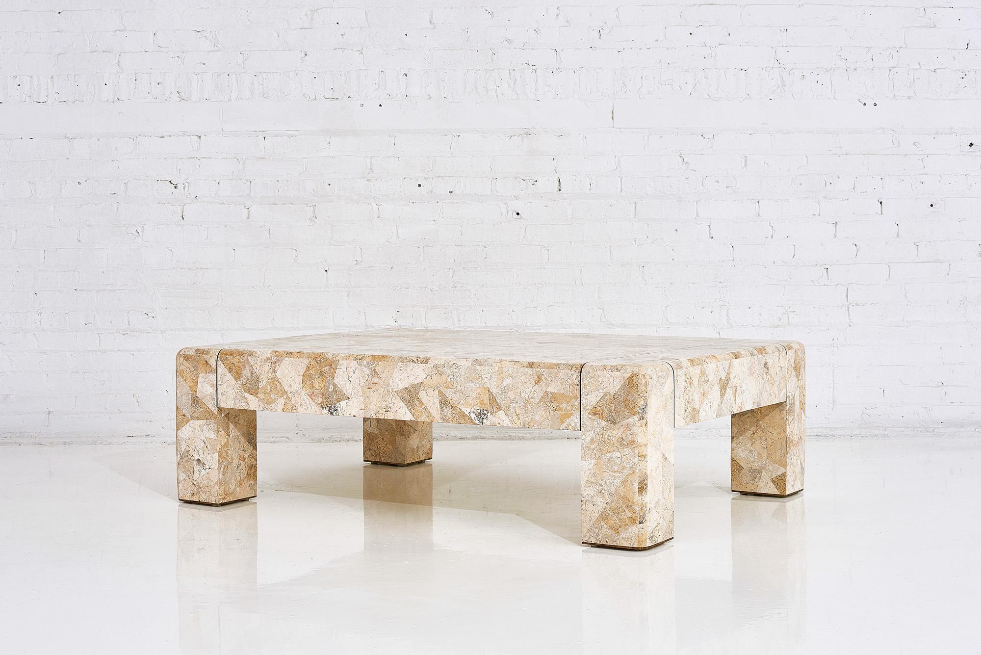 Karl Springer Brass and Tessellated Travertine Coffee Table, 1970 In Excellent Condition In Chicago, IL