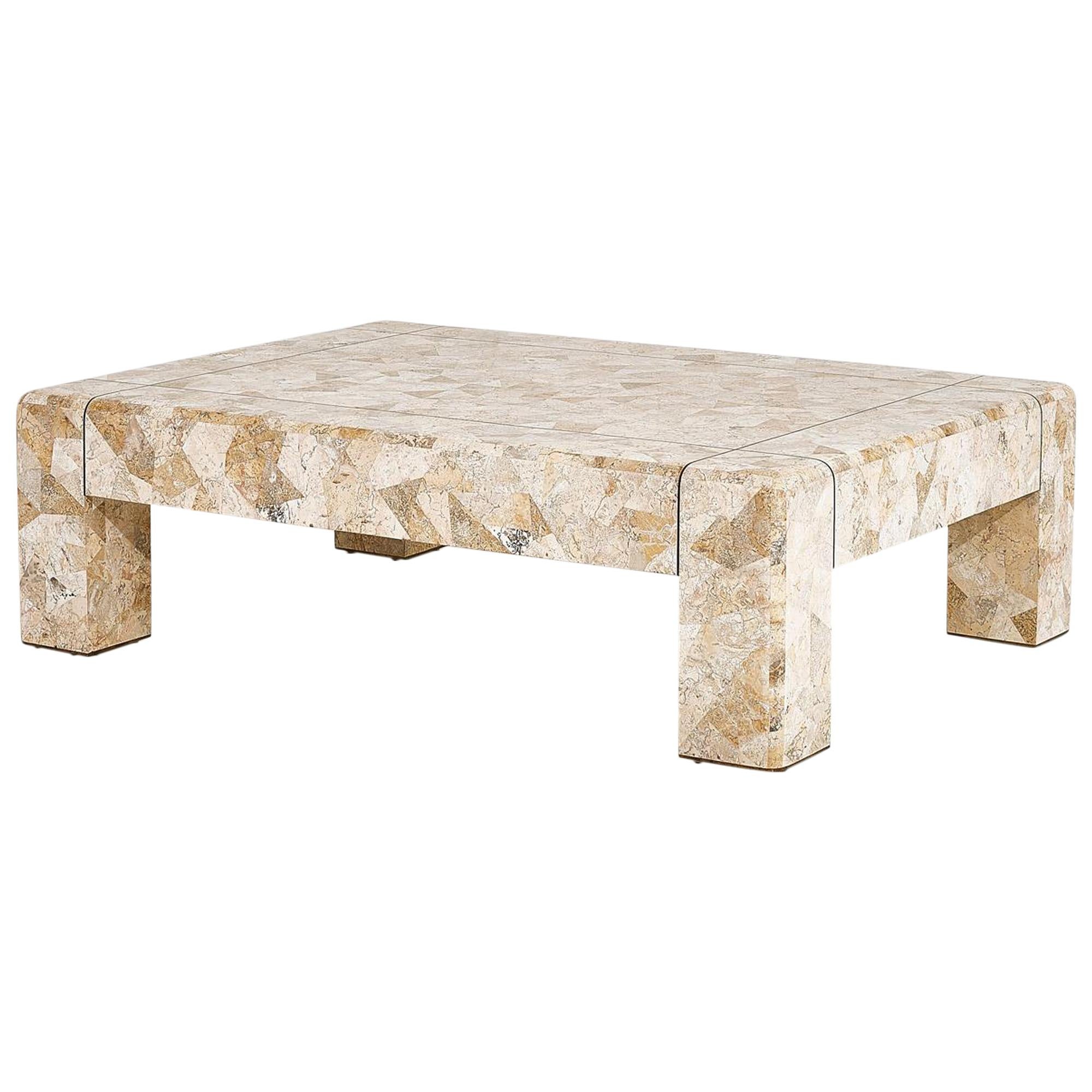 Karl Springer Brass and Tessellated Travertine Coffee Table, 1970