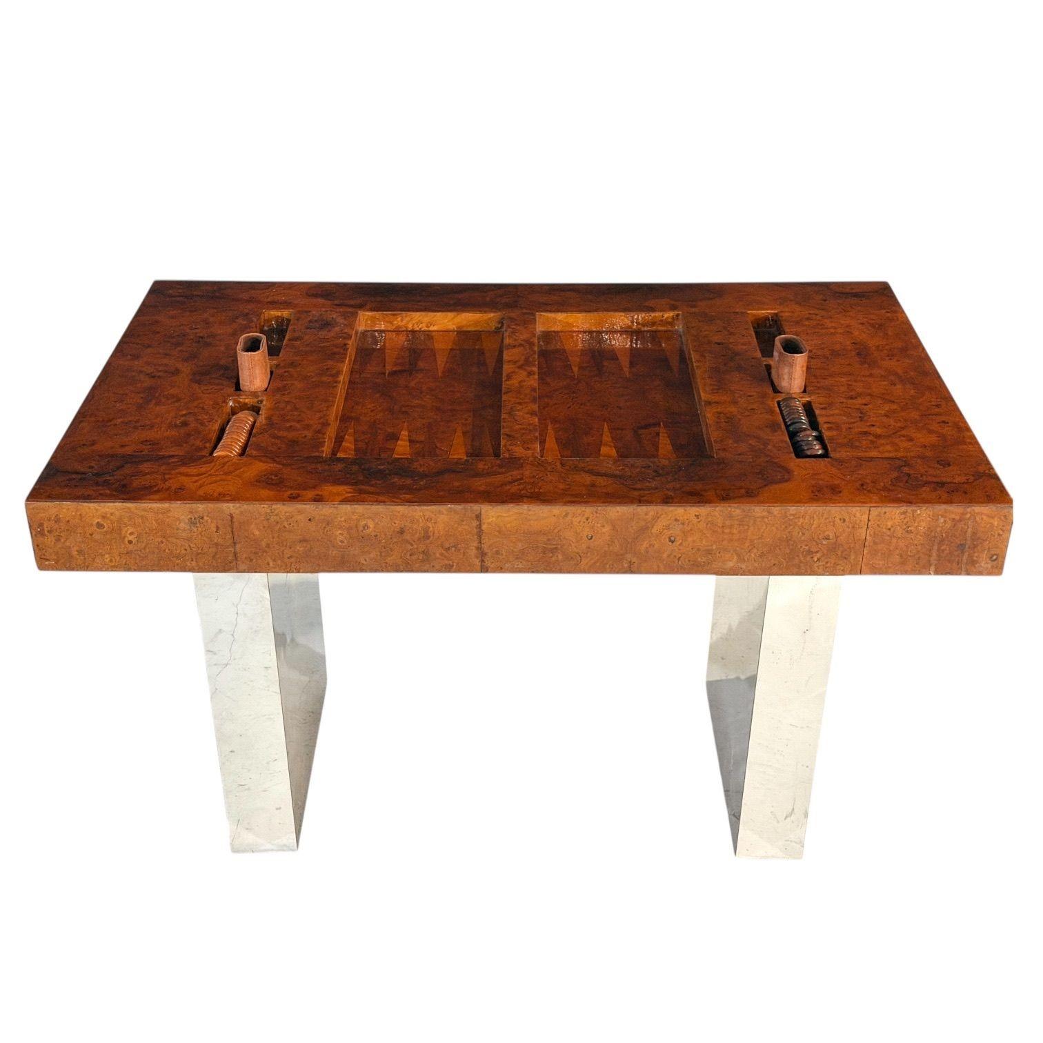 Karl Springer Burlwood and Chrome Backgammon Table, 1980’s.  
Measures 48” long 30” deep 29” tall