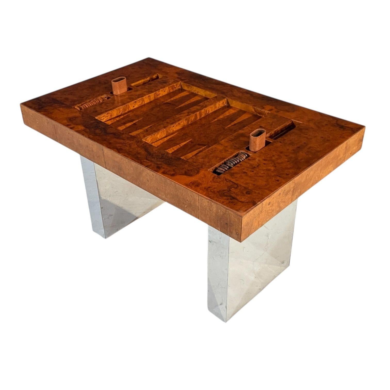 Mid-Century Modern Karl Springer Burlwood and Chrome Backgammon Table, 1980 For Sale