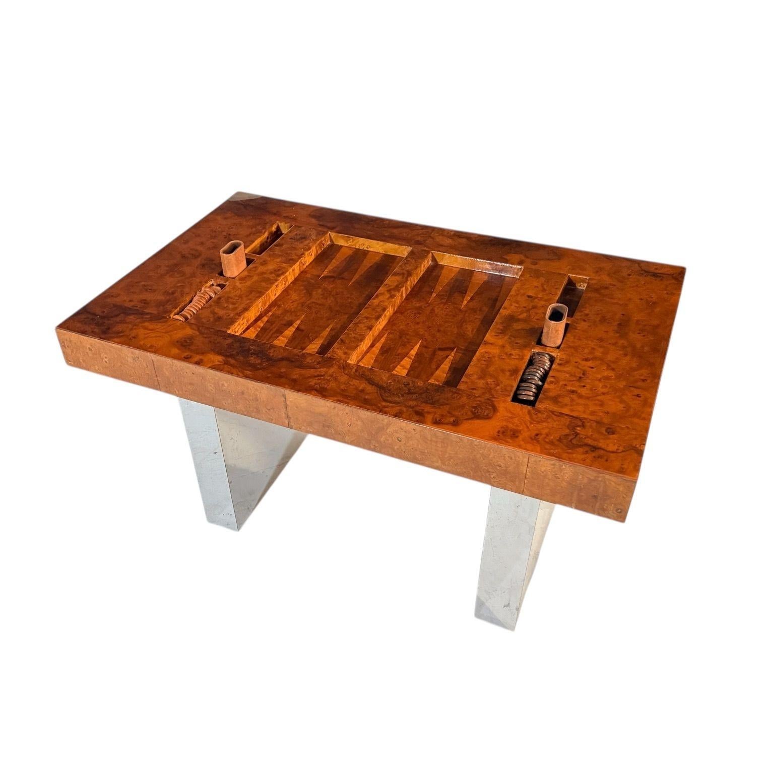 Karl Springer Burlwood and Chrome Backgammon Table, 1980 In Good Condition For Sale In Chicago, IL