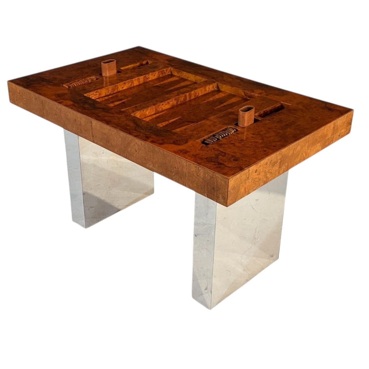 Late 20th Century Karl Springer Burlwood and Chrome Backgammon Table, 1980 For Sale