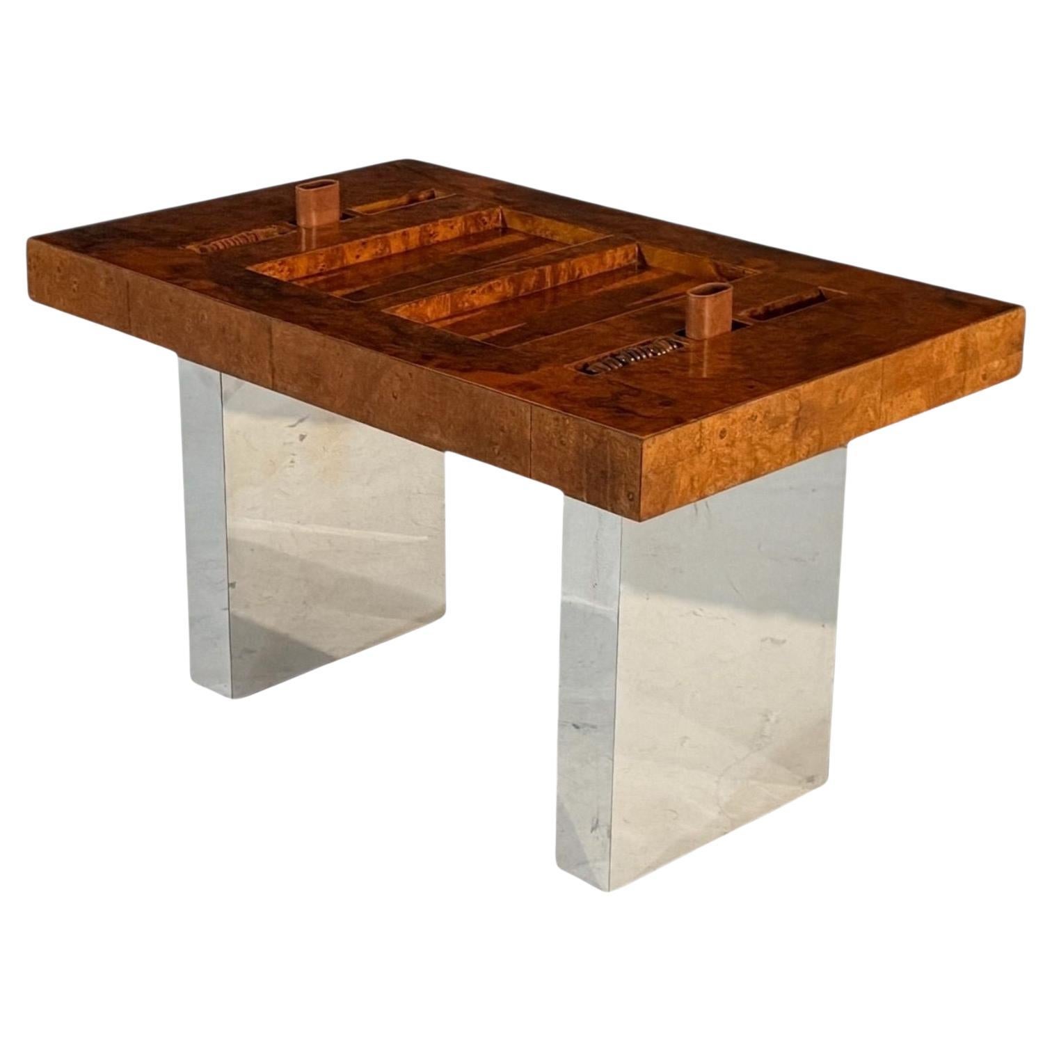 Karl Springer Burlwood and Chrome Backgammon Table, 1980 For Sale